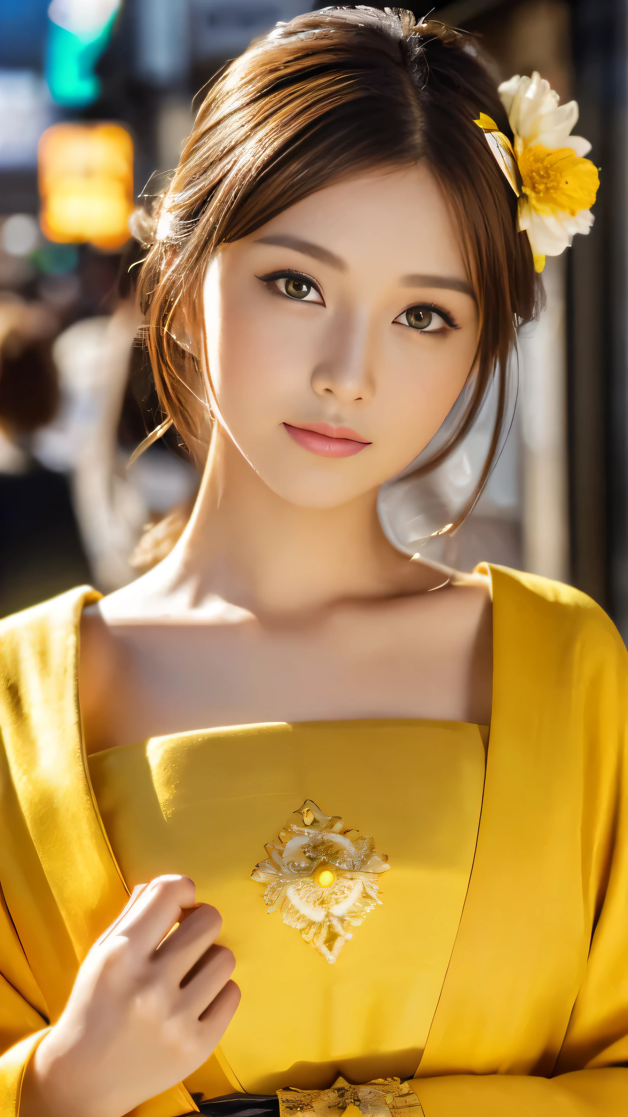 (highest quality, High resolution, masterpiece :1.3), Beautiful woman, facial details,slender body shape, dark brown hair,yellow kimono, (bustling street), Highly detailed face and skin texture, fine eyes, double eyelid,全身High resolution画像, masterpieceに値する画像
