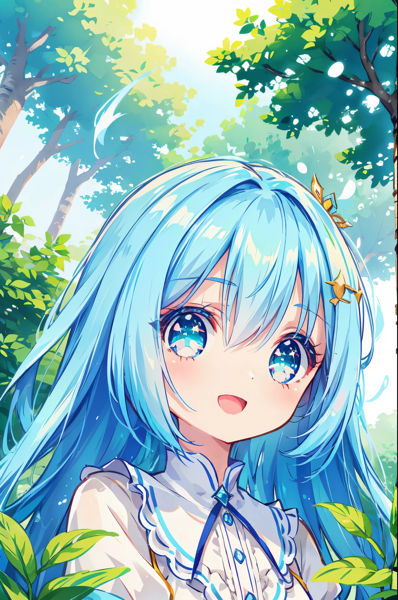 The girl is、neat hair ornament、cute surreal body bien、(detailed eyes、eyes like jewels、sparkling eyes:1.3)、open mouth smile、blue sky、Cute shoes、garden、sunlight filtering through the foliage