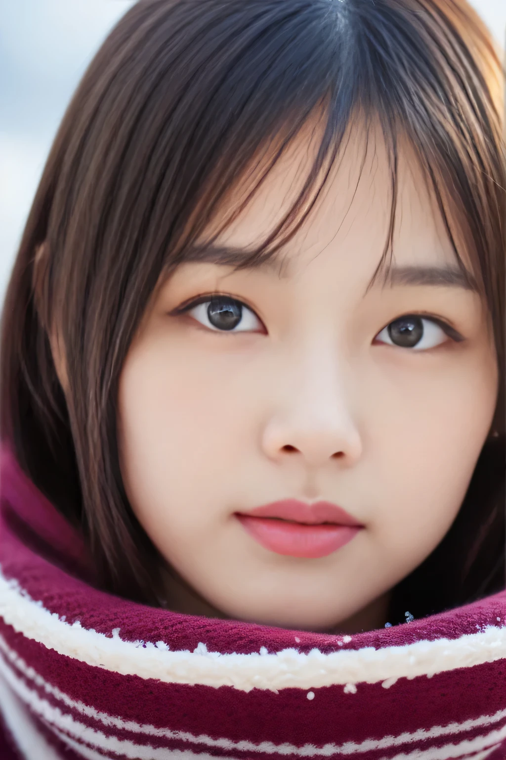 ((Show only the face、close up of face))、(The mouth is hidden by a scarf:1.2)、(realistic、Photoreal、Super detailed、best detailed skins、highest quality、masterpiece、ultra high resolution)、cute japanese woman、、high school girl、young girl、light makeup、1 girl、have bangs、double eyelid、drooling eyes、watch here、realistic肌タイプ、thick muffler、fluffy hair、snow mountain、winter、Hair bulges with a scarf、that&#39;that&#39;It&#39;s snowing