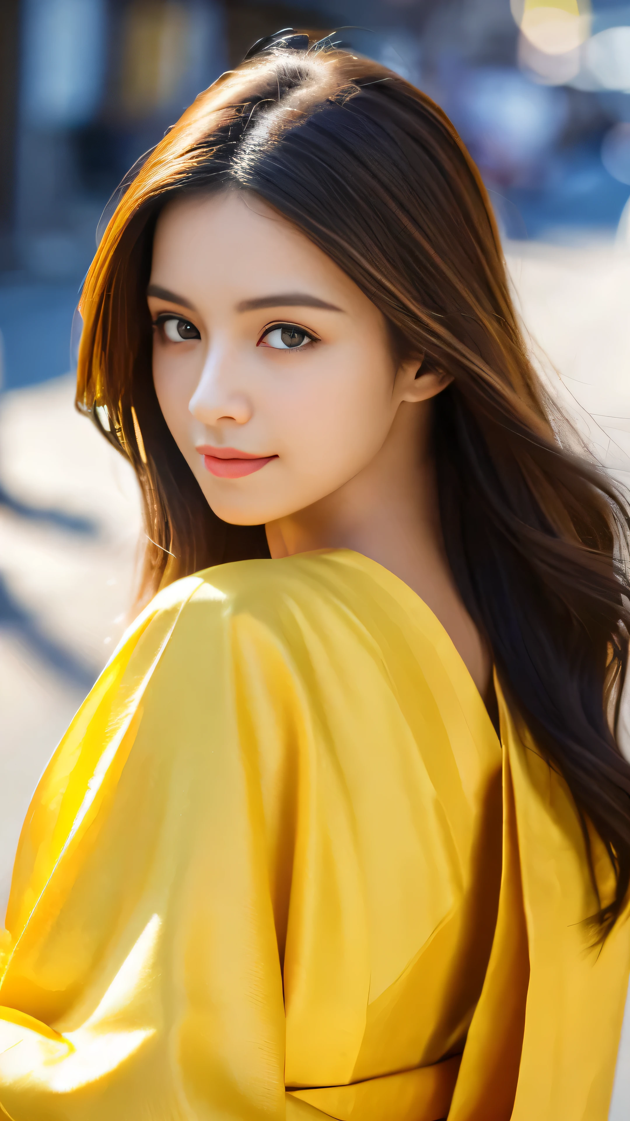 (highest quality, High resolution, masterpiece :1.3), Beautiful woman, facial details,slender body shape, dark brown hair,yellow kimono, (bustling street), Highly detailed face and skin texture, fine eyes, double eyelid,全身High resolution画像, masterpieceに値する画像