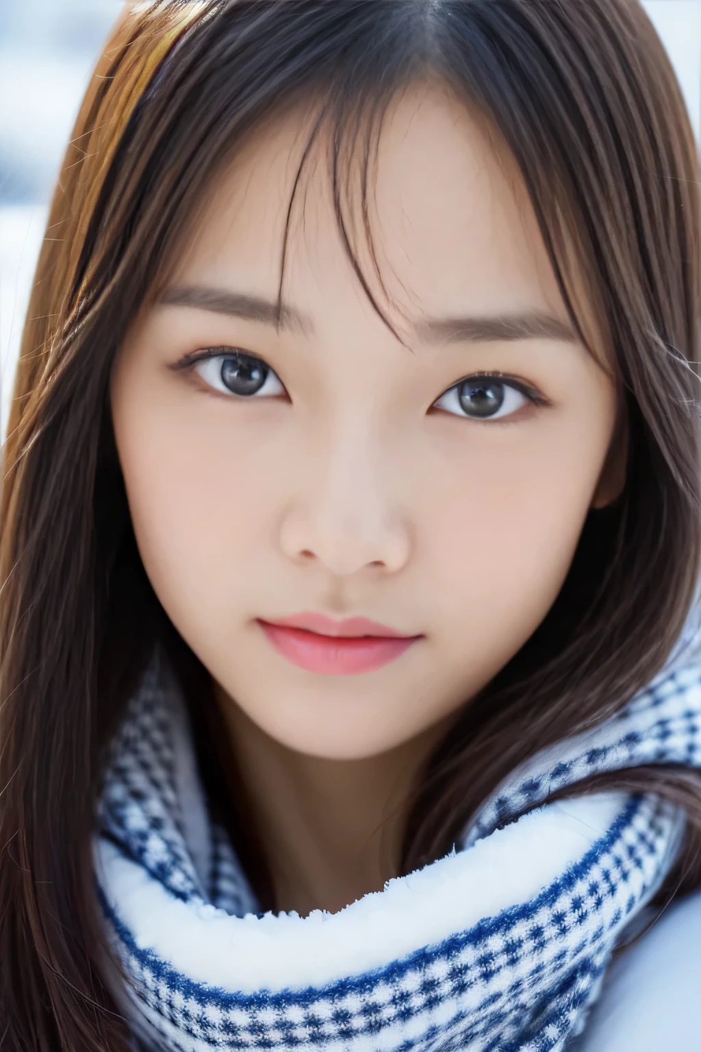 ((Show only the face、close up of face))、(The mouth is hidden by a scarf:1.2)、(realistic、Photoreal、Super detailed、best detailed skins、highest quality、masterpiece、ultra high resolution)、cute japanese woman、、high school girl、young girl、light makeup、1 girl、have bangs、double eyelid、drooling eyes、watch here、realistic肌タイプ、thick muffler、fluffy hair、snow mountain、winter、Hair bulges with a scarf、that'that'It's snowing