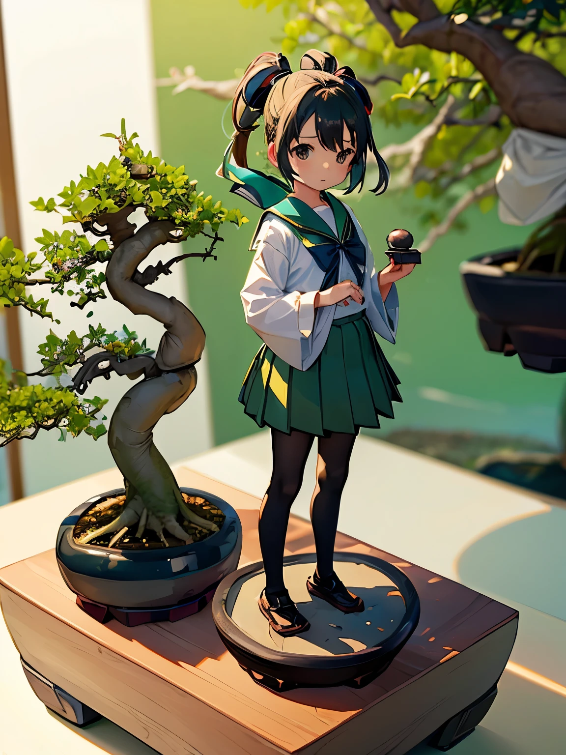 ((bonsai:1.2))、bonsai on the desk、Miniature-sized girl standing in a bonsai pot、((There's a tree growing on my head))、high school uniform