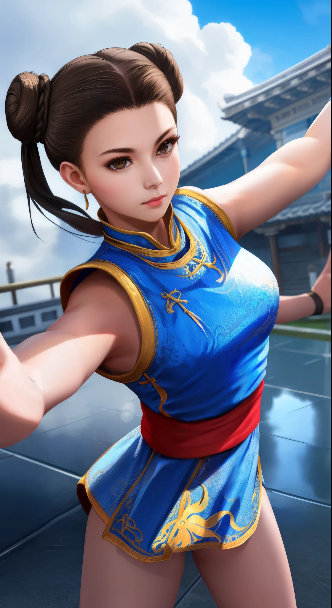 Paichang, Blue ribbon ponytail, brown eyes, double bun,bright hair,Kungfu pose standing, alone , ,  combat readiness, 
Paiati,White Mini Cheongsam, band, mini skirt、white panties、, sleeve less,
marble floor, blue sky, cloudy, evening,
(Extremely detailed, beautiful detailed face, masterpiece, highest quality)    