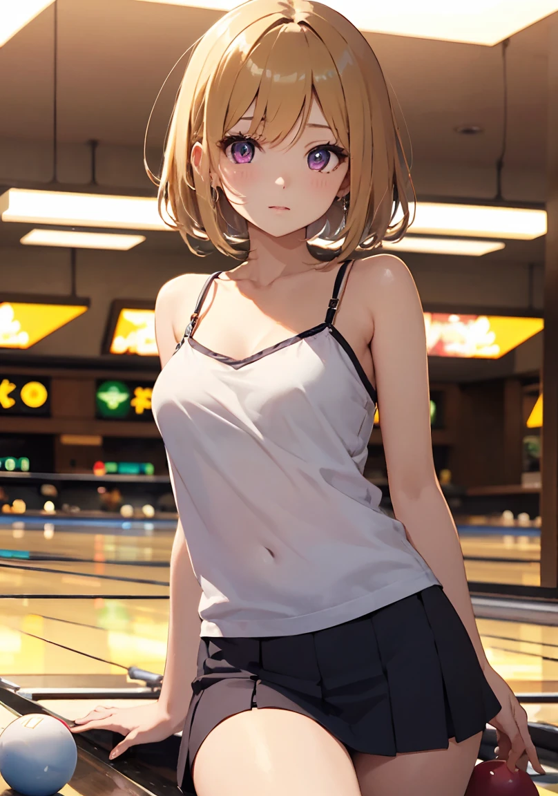 masterpiece, absurdres, best quality, ultra detailed, high Resolution, detailed illustration, extremely beautiful detailed face and eyes, bright colour, 1girl, (li), cute face, Delicate beautiful face, magenta eyes, cute eyes, sparkling eyes, big eyes, medium breasts, (perky breasts:1.1), (pointy breasts:1.1), medium hips, glamorous body, white skin, happy, BREAK, long bob cut, (blonde hair:0.8), messy hair, detailed hair, shiny hair, BREAK camisole, mini skirt, tiny ribbon, playing bowling, bowling alley, real world, natural lights, perfect lighting,