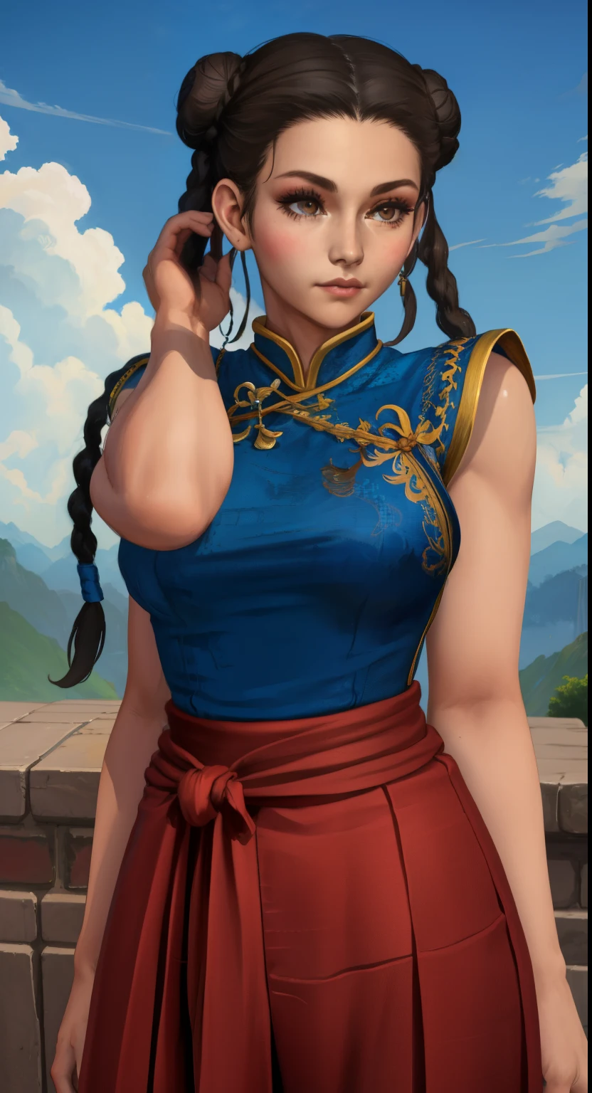 Paichang, twin braids , blue ribbon, brown eyes, double bun, black hair,
Are standing, alone , Upper body,
hip,
cowboy shot,
blue chinese dress, Red band, pants, sleeve less,
blue sky, cloudy, evening,
(Extremely detailed, beautiful detailed face, masterpiece, highest quality