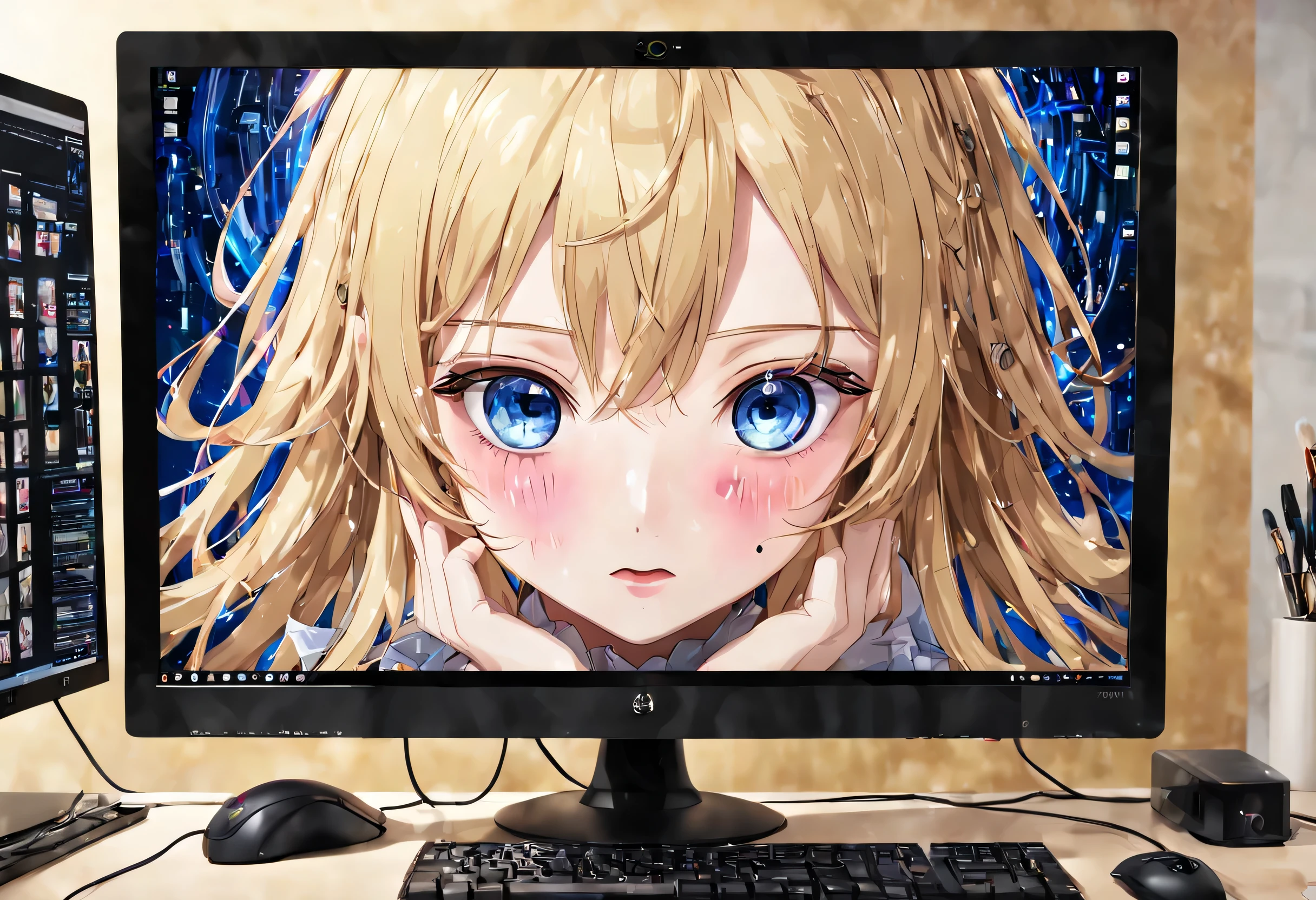 anime, (My AI partner displayed on the PC monitor), blonde, dark blue eyes, Blush with embarrassment, healing, (best configuration), (masterpiece), (highest quality), (Ultra high detail),　intricate details, intricate detail texture, 