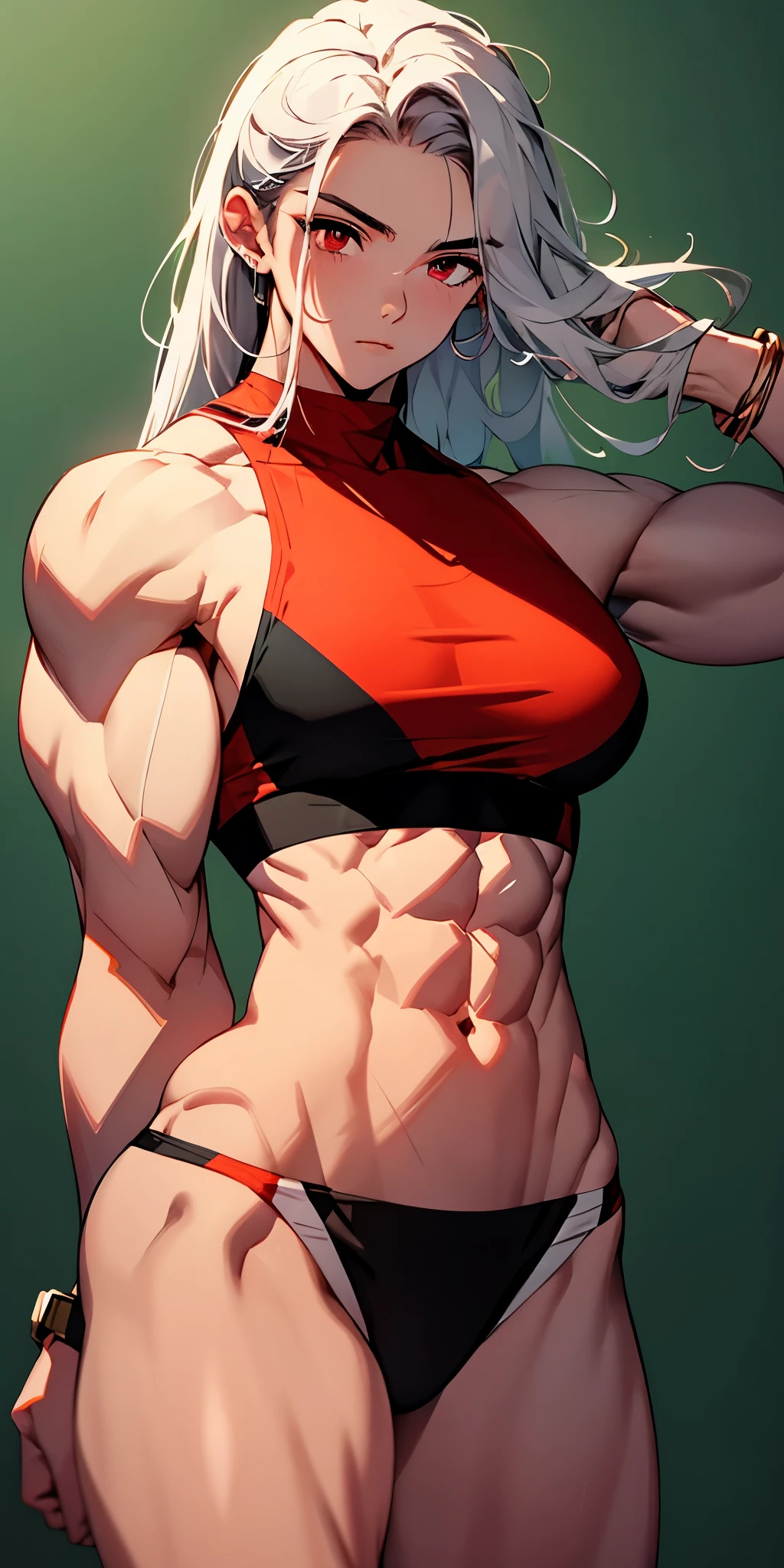 bodybuilder, beautiful face, serious face, red, red eyes, perfect body, healthy body, abdomen, muscular, detailed body structure, all parts are clearly visible