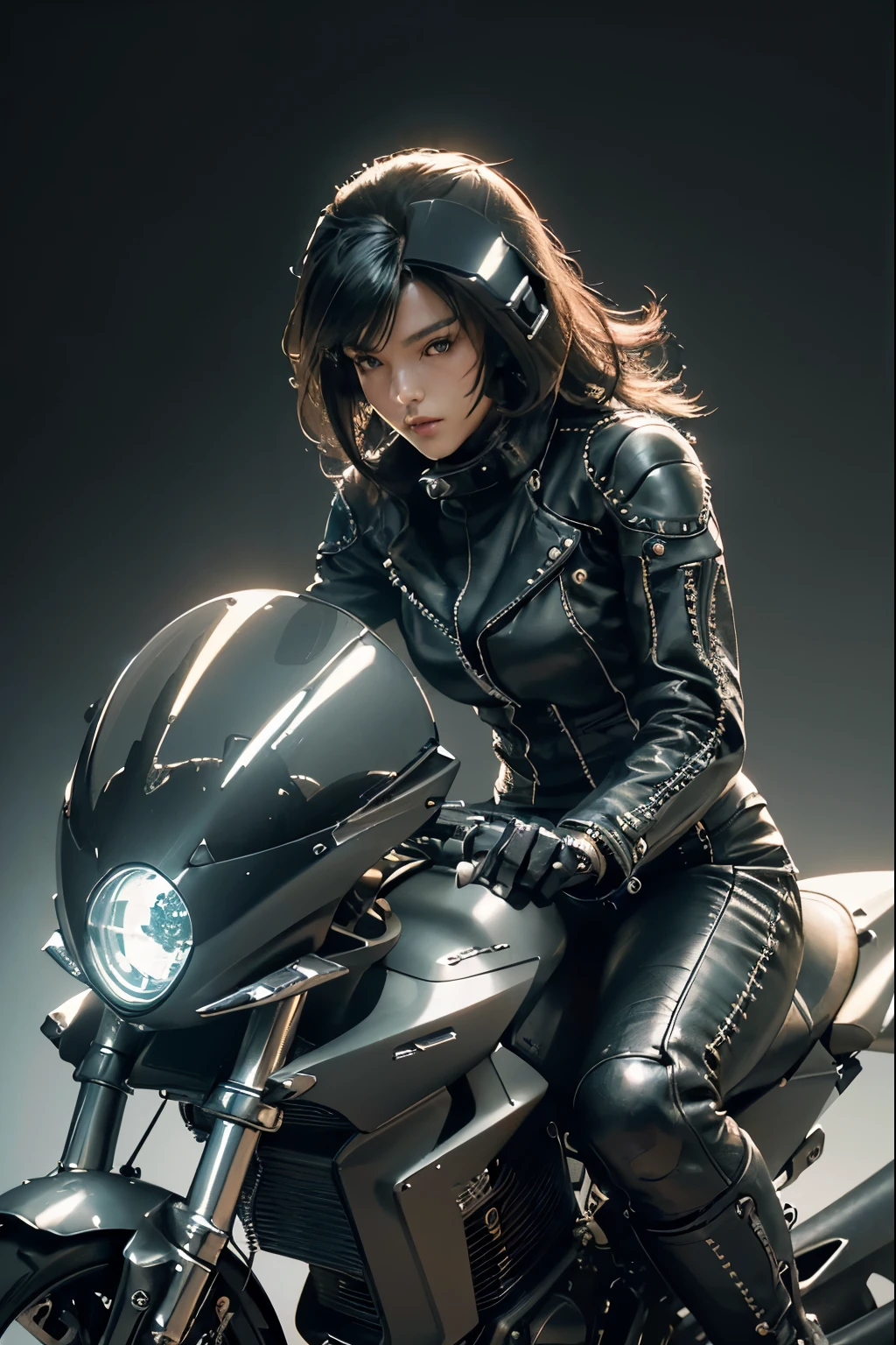 Sharp and Clear Images: 1.2, ((Top quality: 1.4)), ((8K: 1.3)), Masterpiece: 0.8,
Biker girl: 1,(( riding a sci-fi electric motorcycle: 1)),
Sharp focus: 1.3, ((Realistic, Futuristic: 1.3)), ((Detailed texture: 1.4)),
((Dynamic angles: 1.5)), ((High contrast: 1.2)),
Leather jacket: 1, ((Shiny surface: 1.3)), ((Detailed stitching: 1.4)),
Helmet: 1, ((Trans