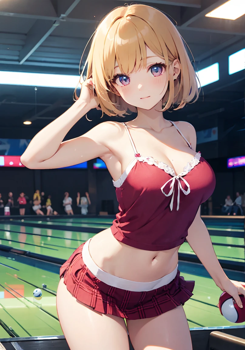 masterpiece, absurdres, best quality, ultra detailed, high Resolution, detailed illustration, extremely beautiful detailed face and eyes, bright colour, 1girl, (), cute face, Delicate beautiful face, magenta eyes, cute eyes, sparkling eyes, big eyes, medium breasts, (perky breasts:1.1), (pointy breasts:1.1), medium hips, glamorous body, white skin, happy, BREAK, long bob cut, (blonde hair:0.8), messy hair, detailed hair, shiny hair, BREAK camisole, mini skirt, tiny ribbon, playing bowling, bowling alley, real world, natural lights, perfect lighting,