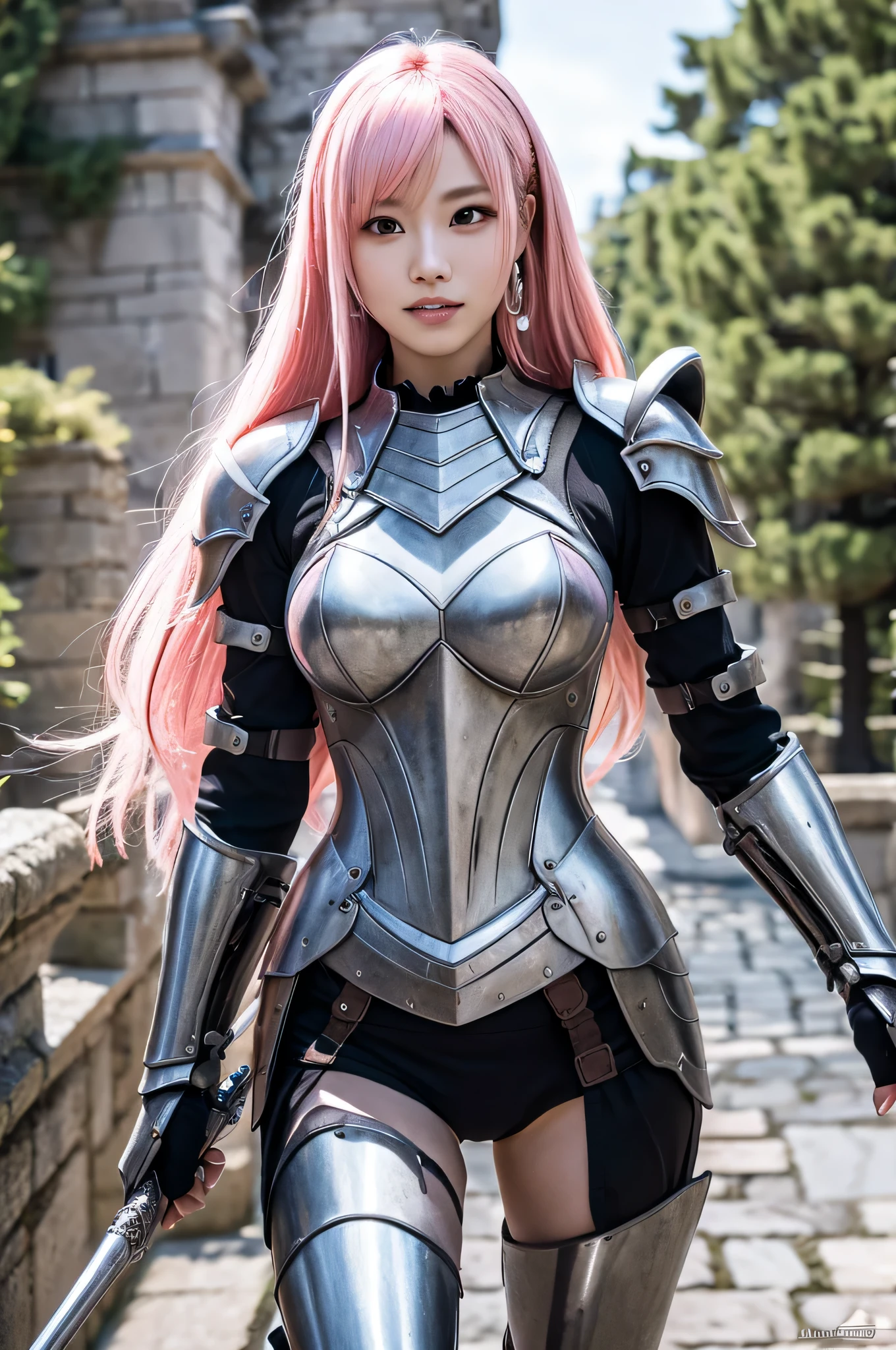 Highest resolution, 4K, Masterpiece: 1.3), A Japanese milf, photo of one lady, Sexy, fine eyes, Slender figure, Realistic teeth, double eyelids, full body, best quality, detailed, equipped with armor, at the fantasy world, background is parallel world, in the castle, pink hair