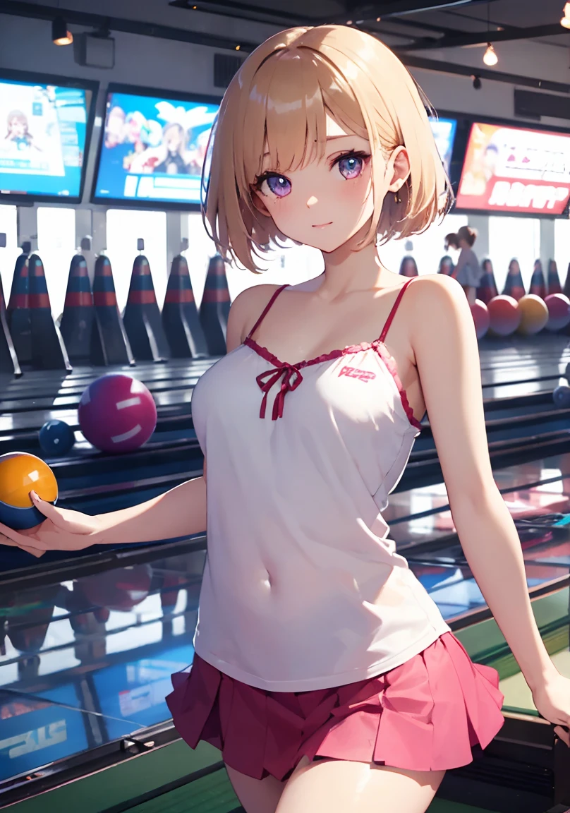 mastute piece,Best Quality,insanely detailed,8k cg,nsfw,
shoot upper body,(body in front:1.1),
1girl,standing,looking at viewer,(bowling uniform),bare breasts,
break,blush,shy,(trembling:1.2),Blonde hair,(large breasts:1.2),(open mouth:0.9),(bowling alley),