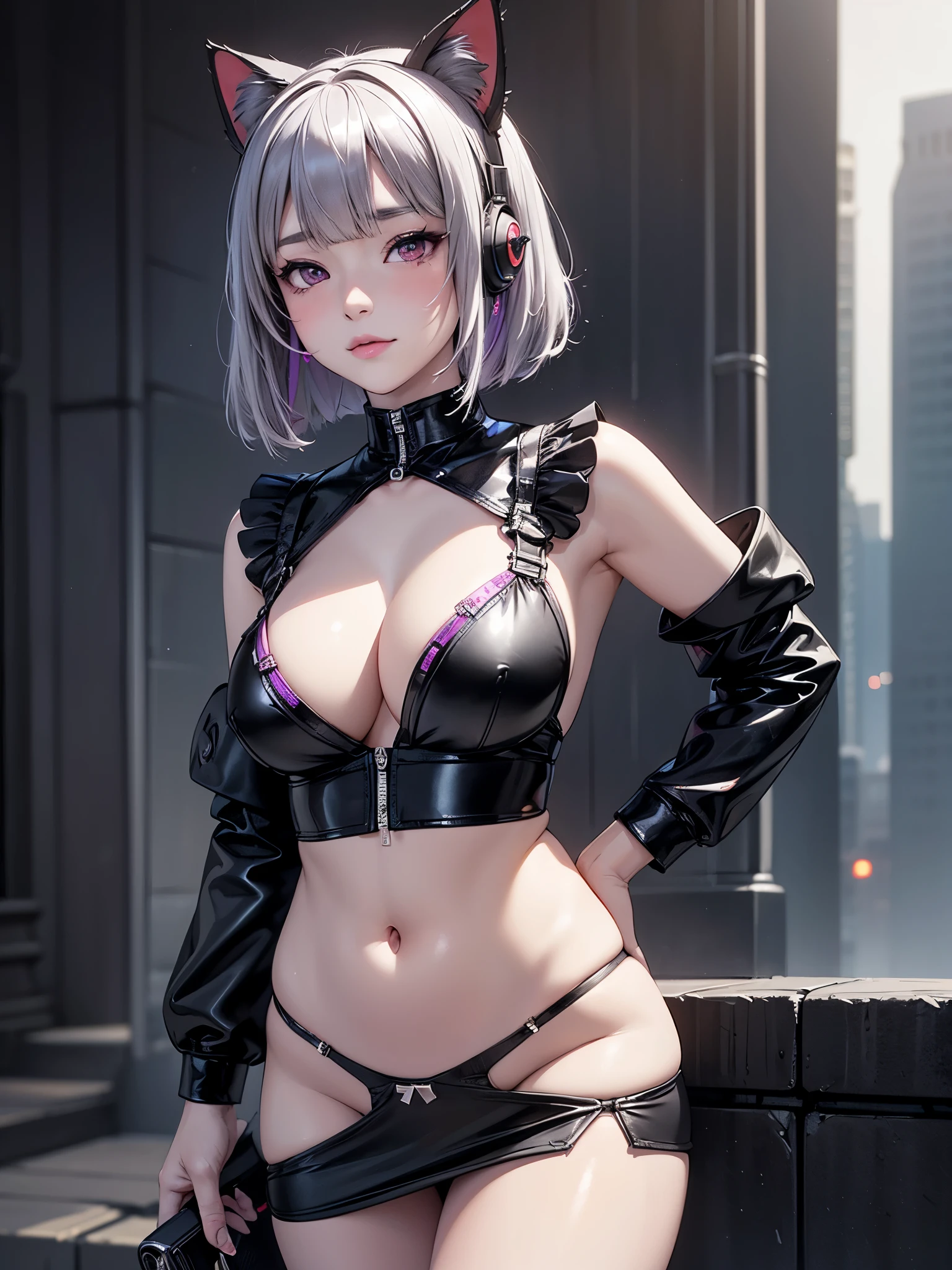 8K、master piece、highest quality、highest level、Highest image quality、muste piece、intricate details、high resolution、depth field、Natural light、professional lighting、(1 person)、solo、Anglo-Saxon girlish girl、(cute:1.2)、very beautiful 18 year old cartoon girl、(high detail skin: 1.2)、Photorealistic anime girl rendering、Realistic anime 3D style、bob cut、、beautiful bright blonde hair、強烈なred eyes、strong eye highlights、very big breasts、perfect anatomy、((black jacket、Wearing fancy underwear and detailed panties、supple and thin fabric、black mini skirt、metal accessories、))、decorative choker、hands behind the back、Beautiful platinum blonde hair、long hair、crossed bangs、asymmetrical bangs、bob cut、stick out ears、eyelashes、red eyes、cat ears、very mysterious smile、Attractive、(sophisticated headphones)、Body shiny with oil、(detailed bra、black mini skirt)、((Inspired by Shirow Masamune))、girl in cyberpunk armor、Epic battle fantasy Natalie、((rogue anime girl、bad pose))、A big city where you can see the sunset at 6 p.m.、red sunset clouds、it's raining、The body gets wet from the rain、Decadent and futuristic urban area in the evening、(cyberpunk city)、(Futuristic cars、flashing red light)、(Lightning is glowing)、(Flashing blue and purple neon tubes)、