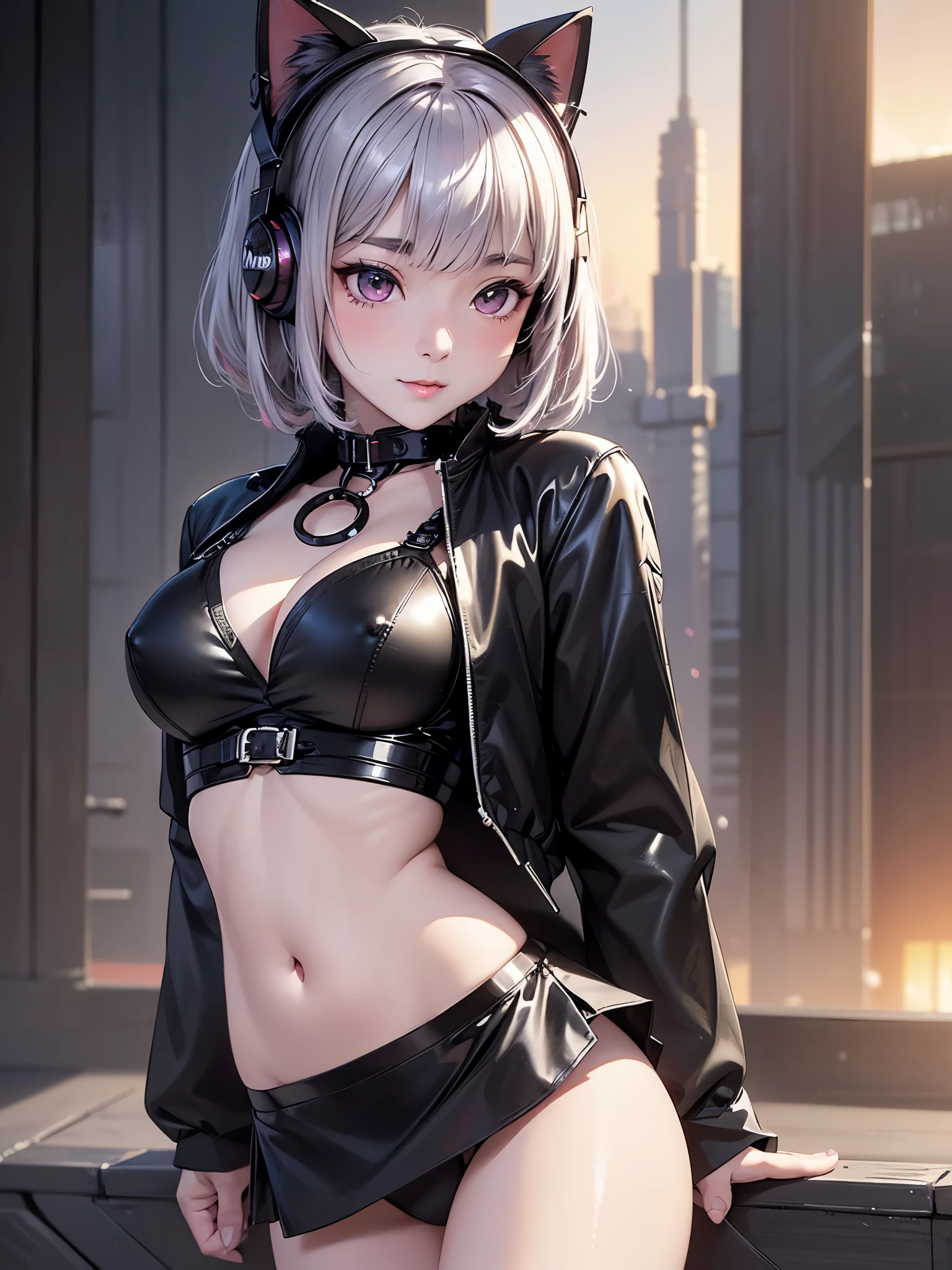 8K、master piece、highest quality、highest level、Highest image quality、muste piece、intricate details、high resolution、depth field、Natural light、professional lighting、(1 person)、solo、Anglo-Saxon girlish girl、(cute:1.2)、very beautiful 18 year old cartoon girl、(high detail skin: 1.2)、Photorealistic anime girl rendering、Realistic anime 3D style、bob cut、、beautiful bright blonde hair、強烈なred eyes、strong eye highlights、very big breasts、perfect anatomy、((black jacket、Wearing fancy underwear and detailed panties、supple and thin fabric、black mini skirt、metal accessories、))、decorative choker、hands behind the back、Beautiful platinum blonde hair、long hair、crossed bangs、asymmetrical bangs、bob cut、stick out ears、eyelashes、red eyes、cat ears、very mysterious smile、Attractive、(sophisticated headphones)、Body shiny with oil、(detailed bra、black mini skirt)、((Inspired by Shirow Masamune))、girl in cyberpunk armor、Epic battle fantasy Natalie、((rogue anime girl、bad pose))、A big city where you can see the sunset at 6 p.m.、red sunset clouds、it's raining、The body gets wet from the rain、Decadent and futuristic urban area in the evening、(cyberpunk city)、(Futuristic cars、flashing red light)、(Lightning is glowing)、(Flashing blue and purple neon tubes)、
