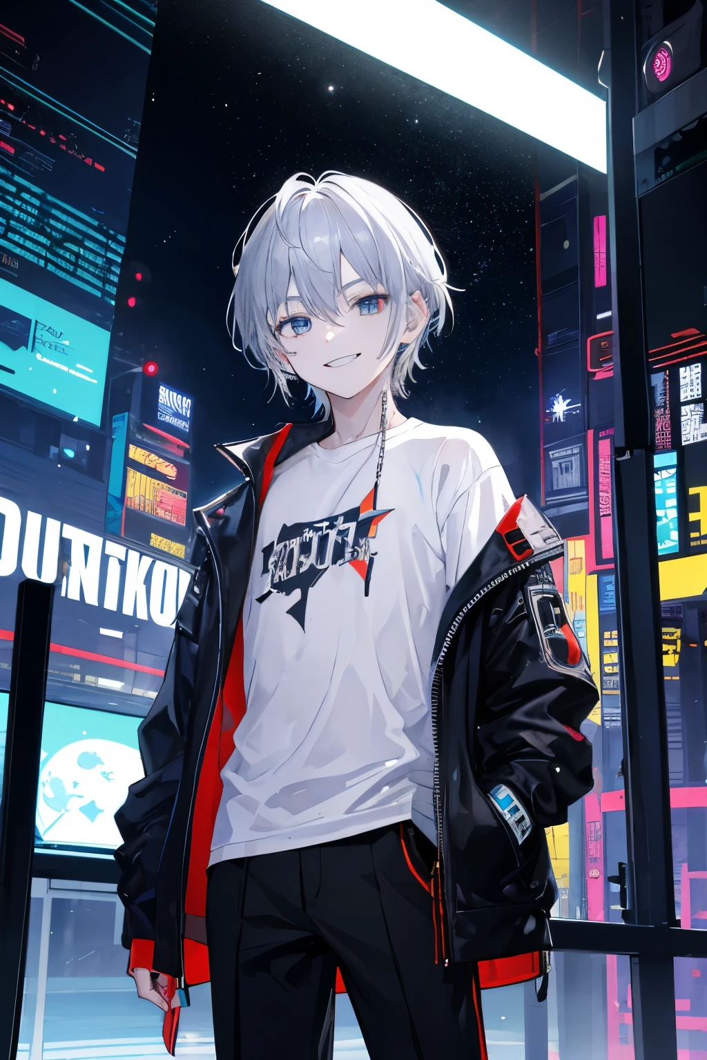 8K resolution,12 year old boy,bust,cyberpunk,Awkward,toothy smile,Zhongfa,silver hair,White shirt,standing,night,Star,moon