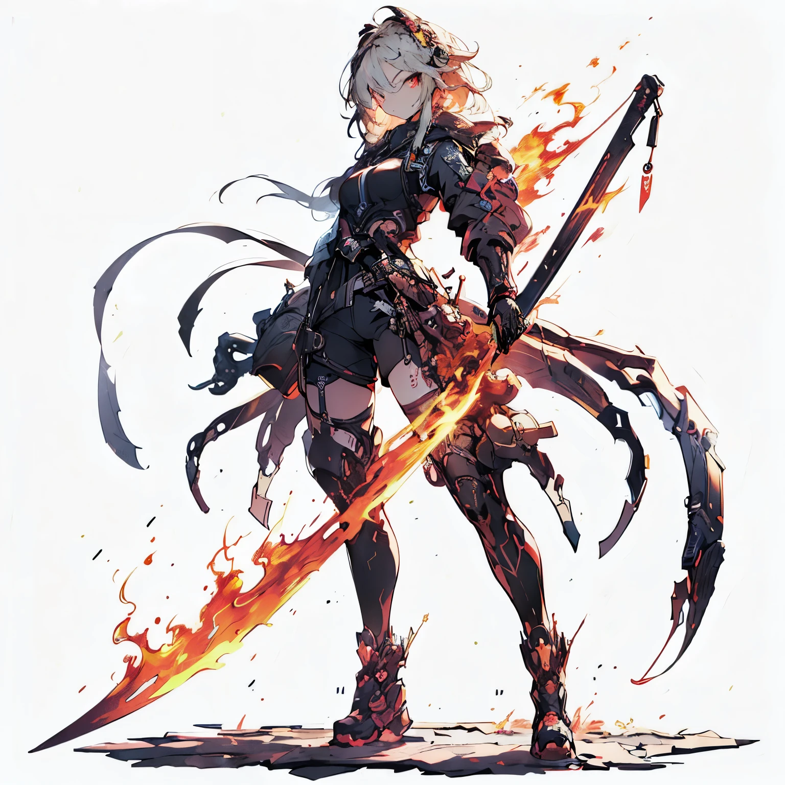 (table top, highest quality), (Perfect athlete body:1.2), (fine hair), super detailed, anime style, whole body, Cyberpunk Ninja, Japan Hairstyles, red eyes, Wield a giant flaming sword, Standing in the wasteland, Wear high-tech boots, 8K high resolution, trend art station, white background, Standing in the wasteland, whole body,kung fu、