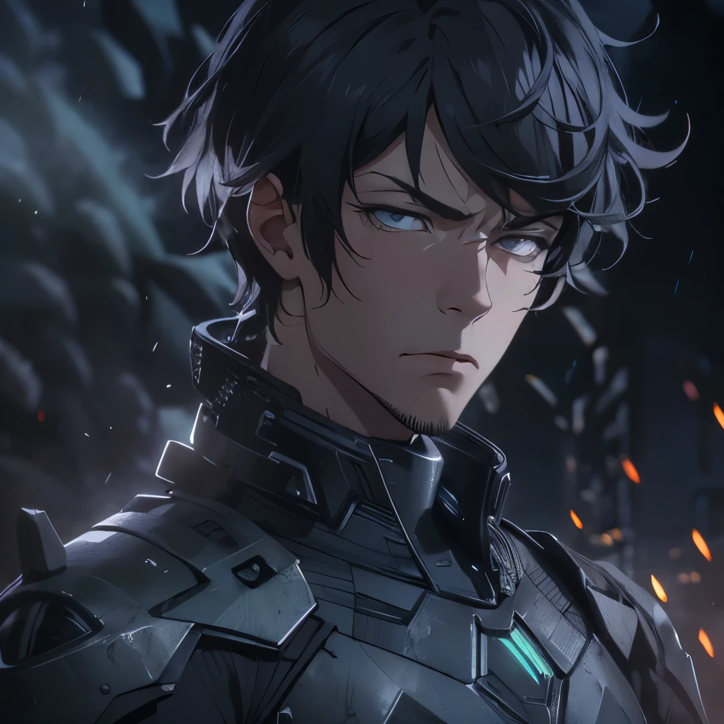 (masterpiece), 8k cg, intricate details, chromatic aberration, ((bust shot)), ((looking at viewer)), 1man, Hachiman, (black eyes, shaggy black hair, black armor, hero suit), strong face, handsome face, frown, 20 year old, absurdres, cinematic lighting, dynamic lighting, fantasy, ((dark background, fog))