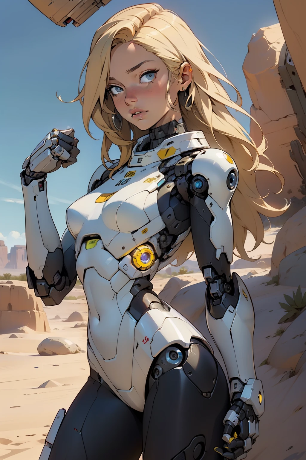 high quality, 4k, masterpiece, beautiful, cyborg girl, cowboy shot, dull eyes, looking at viewer, long blonde hair, girl, small breasts, fit thigh, robotic arms, robotic body, cyborg body, yellow accent, intricate detail, joint, detailed lines, robotic detail, holding fist up, holding hand up as fist, color robotic parts, robotic parts with color, perfect fingers, on a desert planet, sunny background, colorful desert,