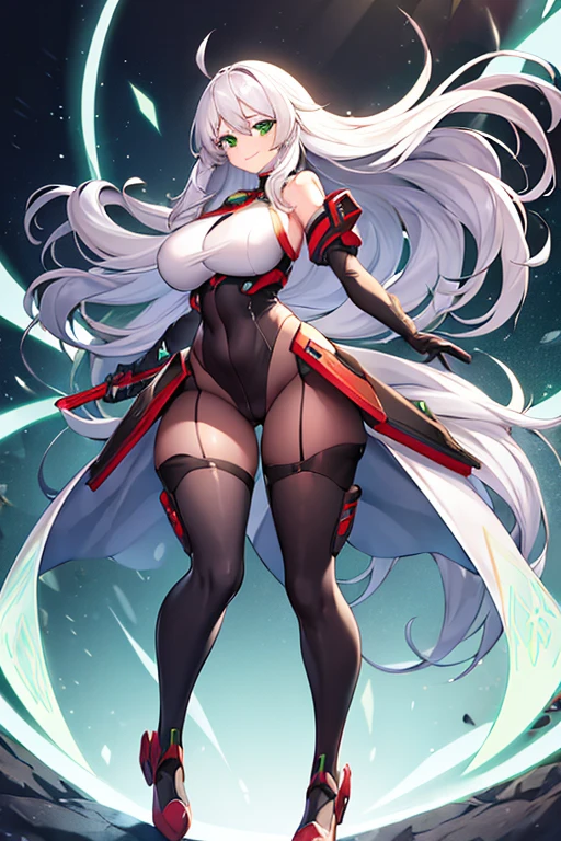 1girl, white hair, long hair, large breasts, breasts, wide hips, green eyes, smile, bodysuit, red bodysuit, black thighhighs, thighhighs, green trim, sleeveless, black pantyhose, pantyhose, futuristic, tech, science-fiction, full body, ((full body)),