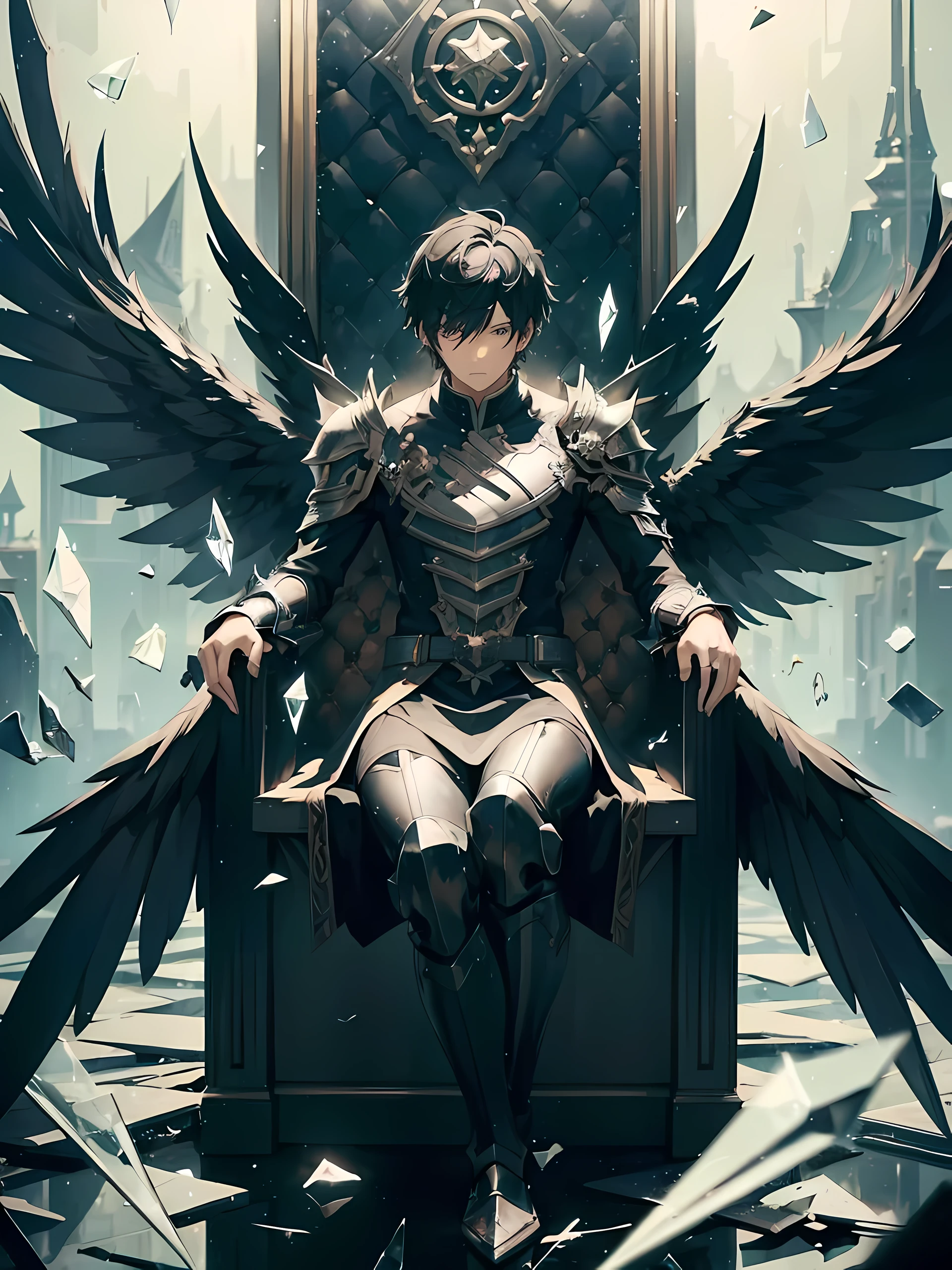 man sitting, heavenly throne, floating glass shards, glass, reflections, black wings, short black hair, large wings, black armor, male, male anime character, metal armor, fully black wings, large glass shard in his hand showing a reflection, large glass shards floating, 