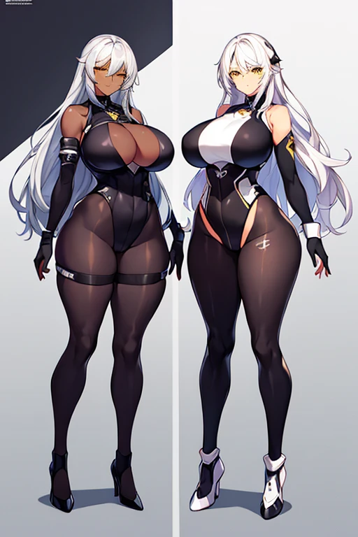2girls, dark-skinned females, dark-skinned female, dark skin, white hair, long hair, large breasts, breasts, wide hips, yellow eyes, smile, bodysuit, black bodysuit, white trim, sleeveless, black pantyhose, pantyhose, futuristic, tech, science-fiction, full body, ((full body)),