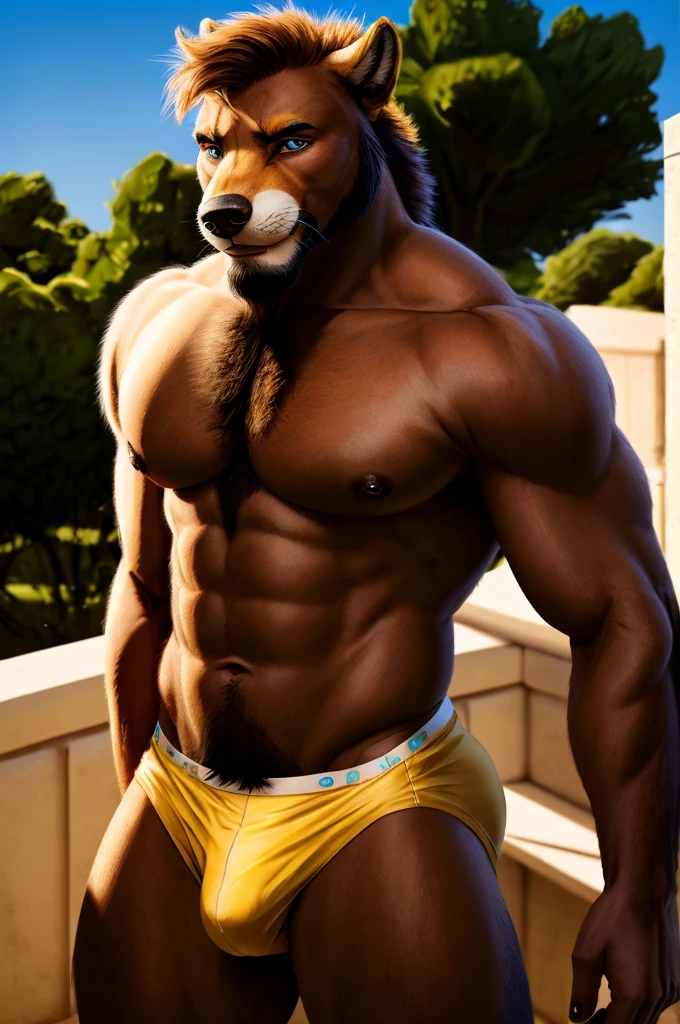 solo,furry,anthro,Porcupine,male,E621,standing,hands behind back,wearing underwear,plain background,front view,(best quality,4k,8k,highres,masterpiece:1.2),ultra-detailed,(realistic,photorealistic,photo-realistic:1.37),illustration,sharp focus,colorful lighting,soft shadows,goatee beard,curved horns,expressive eyes,detail-rich fur,textured skin,vivid colors,bokeh