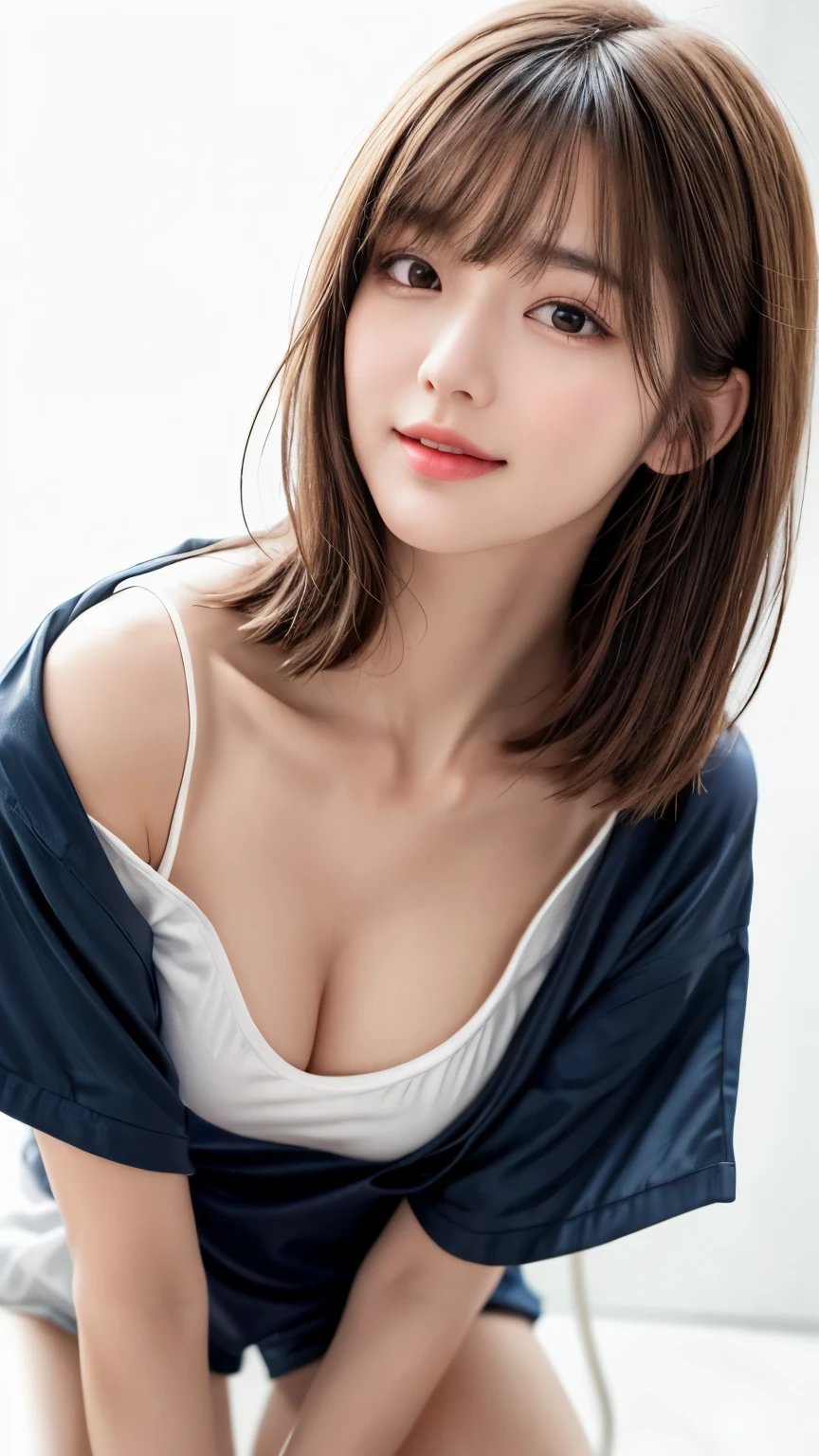 Pee (incontinence: 1.47), Fashion trendy beautiful and attractive woman, Beautiful and charming Chinese woman, Korean (K-POP idol), delicate and sexy clavicle, attractive oval face, double eyelid, smart [peach] Flower eyes, pink lips, small nose, bare shoulders, focus on face, [[close up of face], ultra high resolution, Super detailed, White off-shoulder lace shirt, (((white lace panties), Fresh and impressive, nature (big: 1.25), (Kneel on the ground), (spread your legs wide), (spread your legs), (from a Low - Angle), (upright 1.5), (shiny skin: 1.4), (Low - Angle)), perfect figure, areola, cleavage, armpit wrinkles, (Bed urine)), (NSFW: 1.05), ( Showpiece, highest quality, High precision)), one girl, (big, realistic: 1.4), (slightly above the camera, look up at the camera, look up, look up at the camera, staring at the camera))), alone, alone, white background, snow-white background, closed your mouth, smile, pretty black hair, short hair, big eyes, pronounced double eyelid, eyelash, stick out your ears, long neck, long neck, Absolute area, ((close up of face, short hair with bangs)), 19 years old, attractive proportions, shiny skin, beautiful clavicle, golden ratio face, perfect face, tearful mole, chest moles, bangs, clean bangs, beautiful bangs, lip gloss, thin lips, white skin, took off my clothes, big breasts, small face, staring at the camera a little upwards, ((Smile a little at the camera, really nothing pure white background, very big, big big, big breasts)), ((((uniform, shirt))))