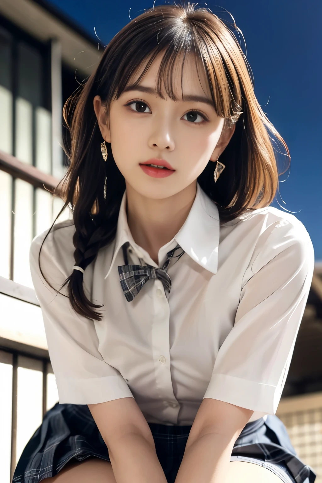 Korean 、summer shirt、Tight shirt、Ribbon Ties、skirt by the、schools、stairs at school、chest lifting pose、Emphasis on the chest、Slender and large、8K raw photos、A high resolution、18-year-old Korean、embarrassing looking、very large round breasts、Beautiful eyes finely detailed、long eyelasher、beautiful double eyelid、eye shadows、eyeline、slender eyes、Elongated eye shape、Sanpaku eyes、beautiful and thin legs、Beautiful slender thighs、Random Shorthair、Tie your hair behind your head、耳Nipple Ring、Light brown hair、(Wear pantyhose)、Hold your knees,short hair, fishnet stocking