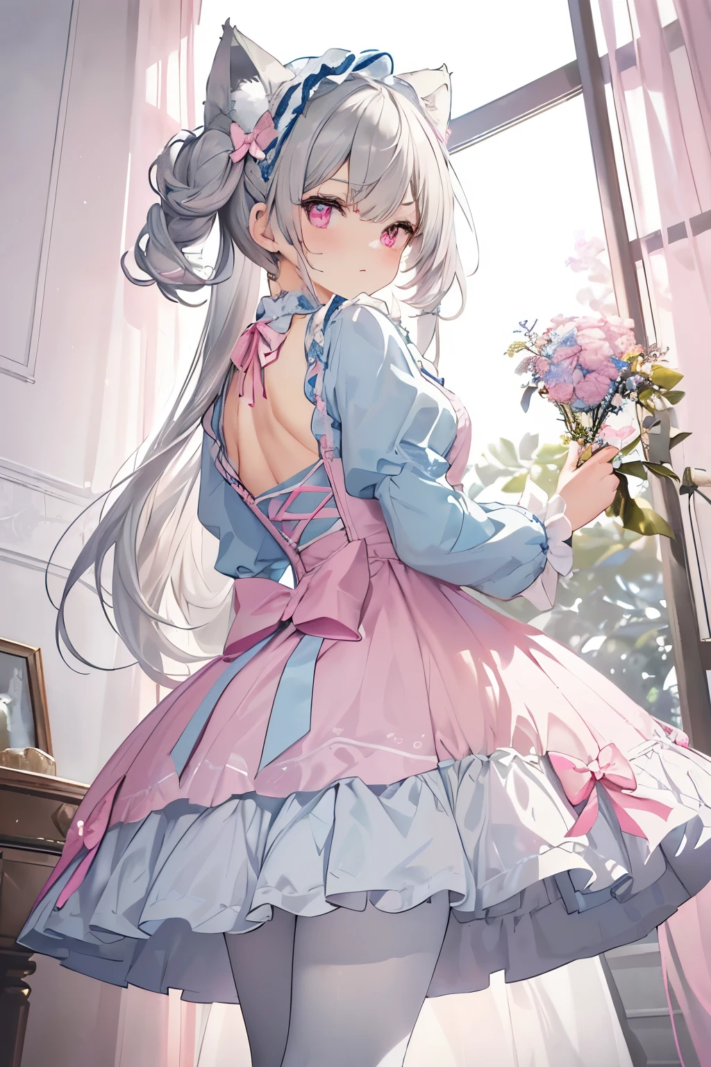 ((masterpiece), beautiful girl with, gray hair accenting her elusive charm, adorned with cat ears adding a whimsical allure, captivating pink eyes sparkling with an effervescent energy, dressed in a light blue ta outfit, showcasing white tights accentuating her long legs, and a pink bow gently tied at her back, her expression inviting and full of character, at a top-resolution, showcasing the finest details and vivid colors, an irresistible allure that whispers a story untold.
((masterpiece), girl clad in, a light blue Loliress, her gray hair elegantly framing her face, accentuated by pink