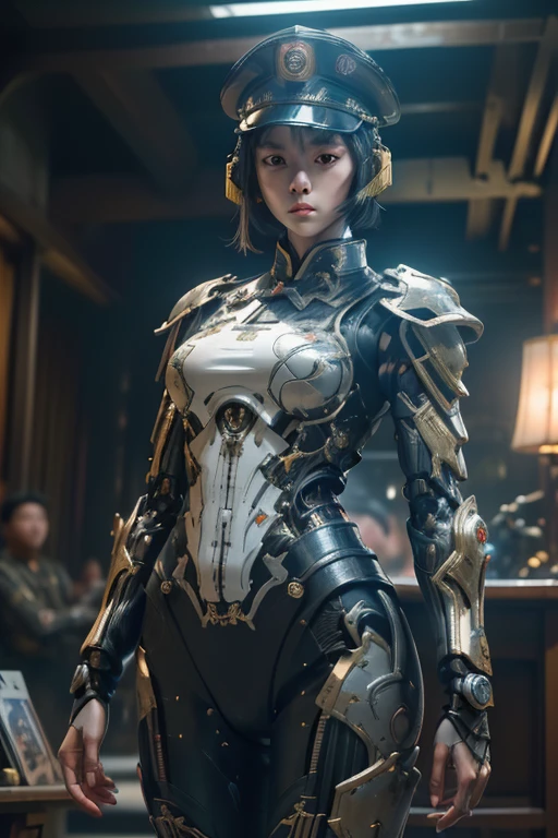 highly detailed CG unity 32K wallpaper, masterpiece, top quality, (raw photo, professional photo, dynamic:1.2), (science fiction:1.4), cyberpunk, cinematic lighting, ultra-high resolution, highest definition, authentic, depth of field, sharp focus, ((1937, China:1.3)), ((perfect body, correct anatomy:1.4)), (intricately detailed face, ultra-detailed skin texture:1.3), (from front:1.5), 1 girl, Chinese woman, about 20 years old, ((solo:1.1)), (female soldier of Kuomintang:1.5), (cowboy shot:1.1), looking at viewer, ultra-realistic skin, black hair, short hair, (garrison cap:1.4), (dark and bright eyes:1.4), highly detailed eyes, (tall nose:1.3), ultra-realistic nose and lips, innocent face, expressive face, expressionless, ((combat uniform of Kuomintang Army:1.1)), slender, beautiful breast, (perfect body proportion, correct body proportion:1.5), ((powered suit, mechanized body armor:1.4)), ((holding a large blaster rifle, aiming at enemy position:1.5)), (((shooting the blaster rifle:1.2))), (((during a combat against Imperial Japanese Army:1.4))), (((noon, city, street, outdoor, battlefield, vandalized buildings:1.3)))