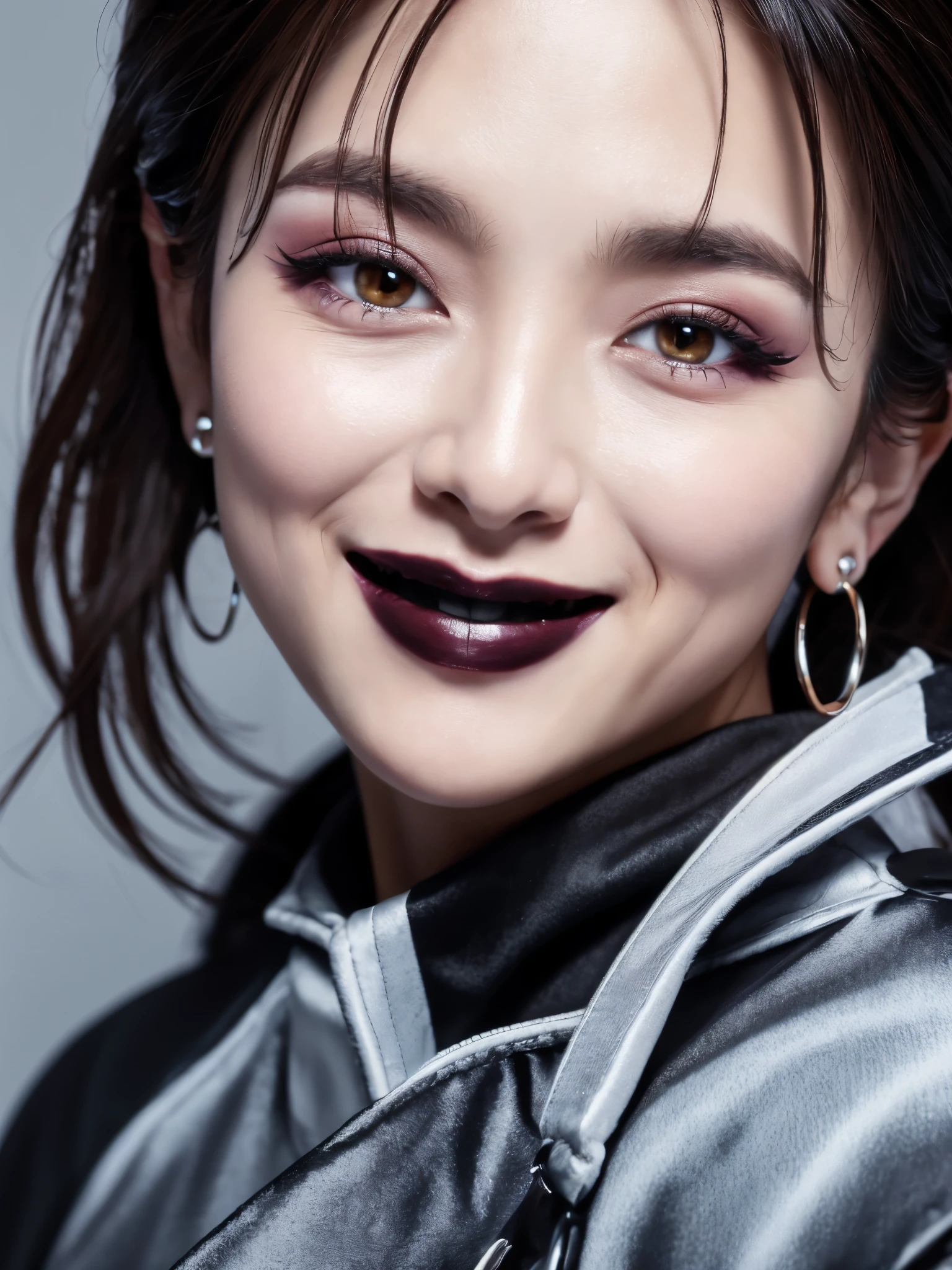Best quality, masterpiece, ultra high res, photorealistic, raw photo, unity 8k wallpaper,(black lips:1.3),(black eyeshadow:1.3),parted lips,,(evil smile:1.1)