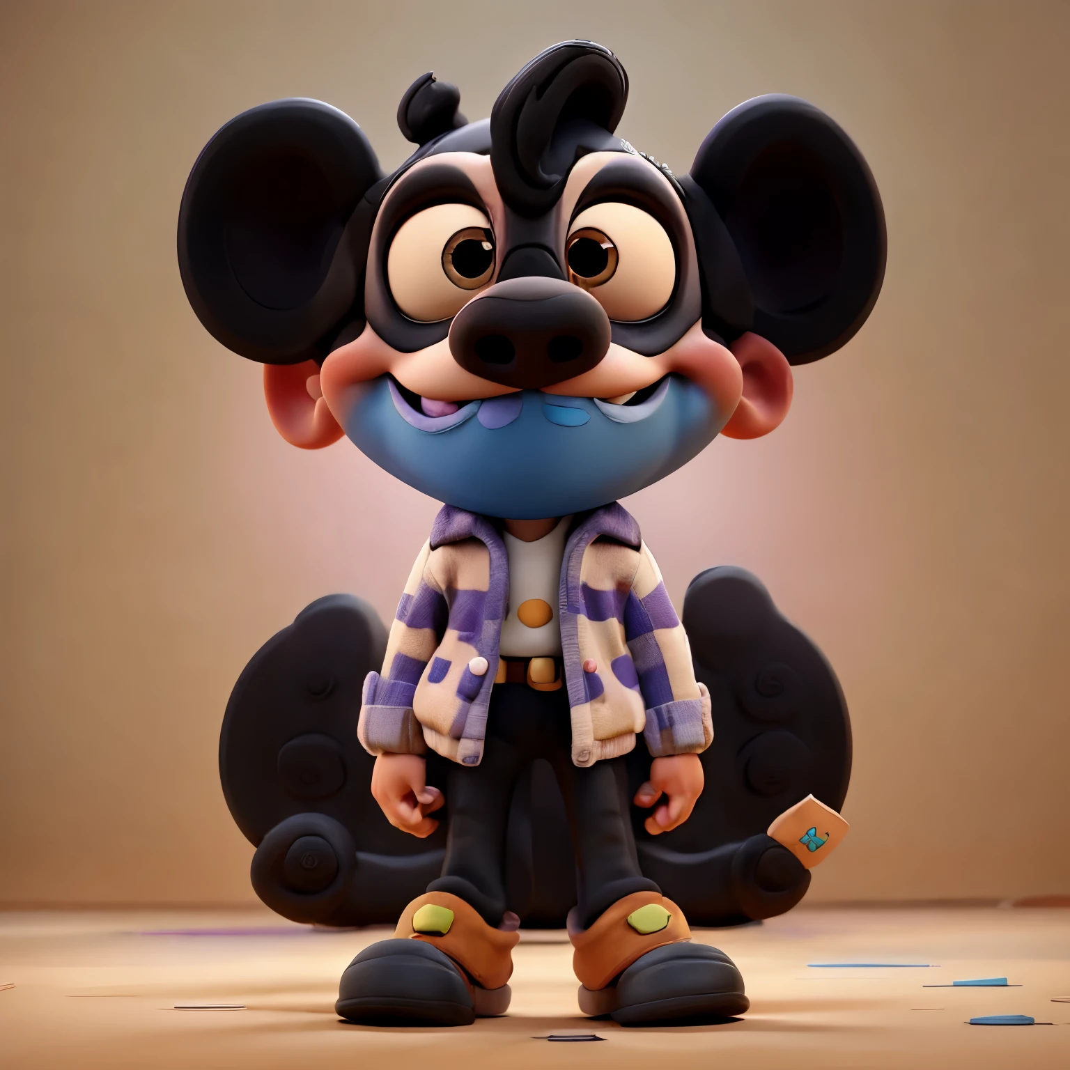 Pixar-style image of a Mickey Mouse smiling in rainbow-colored clothing, standing with one of his feet on the head of a black and white Mickey Mouse lying on the floor with his eyes closed and his tongue out.