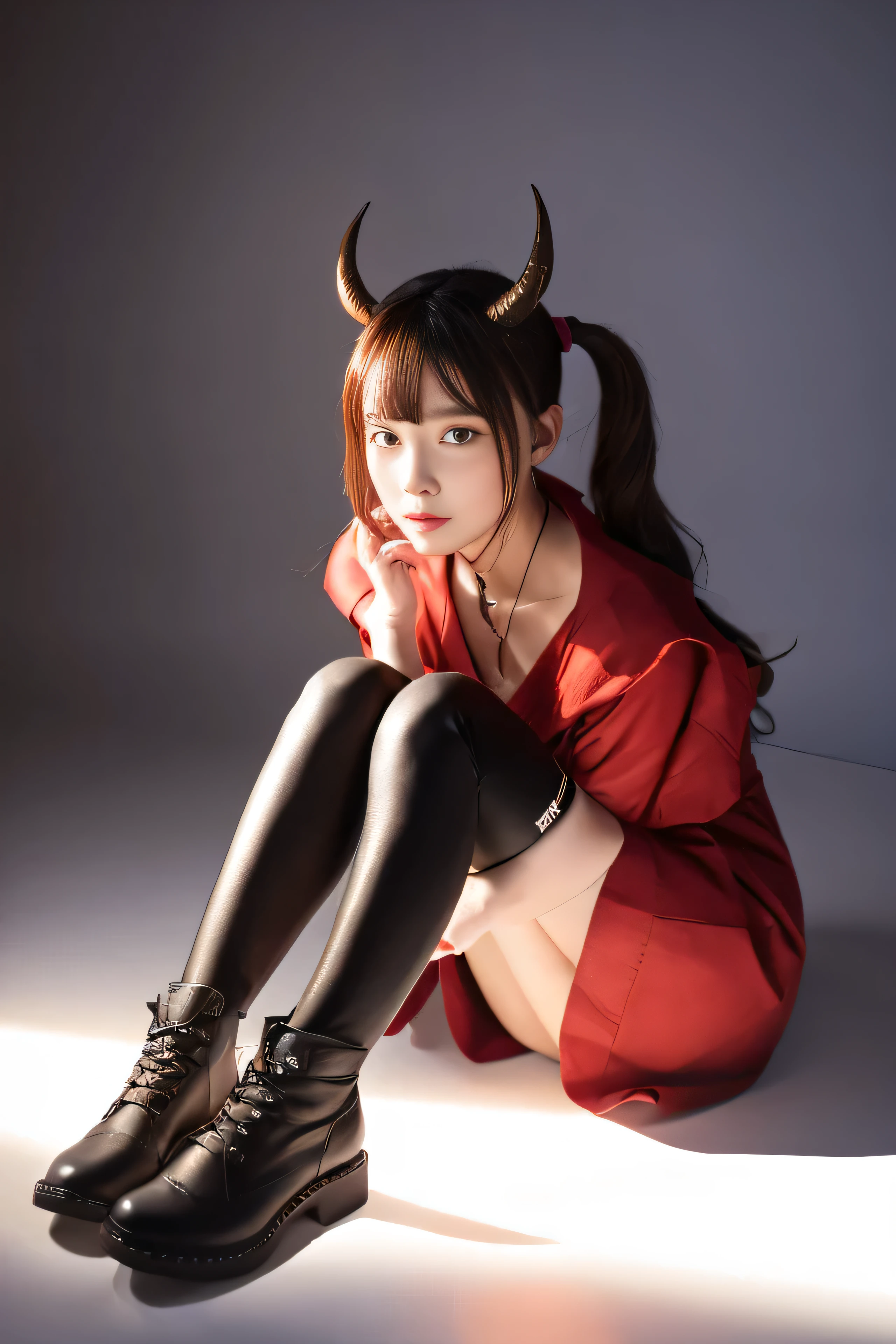 Full body nude photo, beautiful devil girls, 24 years old ,super model,cute face,full make up ,long curl hair , big brown eyes, high nose , medium breast , slender body ,170 cm tall, absolutely nake ,nude ,standing in the cave,wearing devil headband,turn body toward the viewer