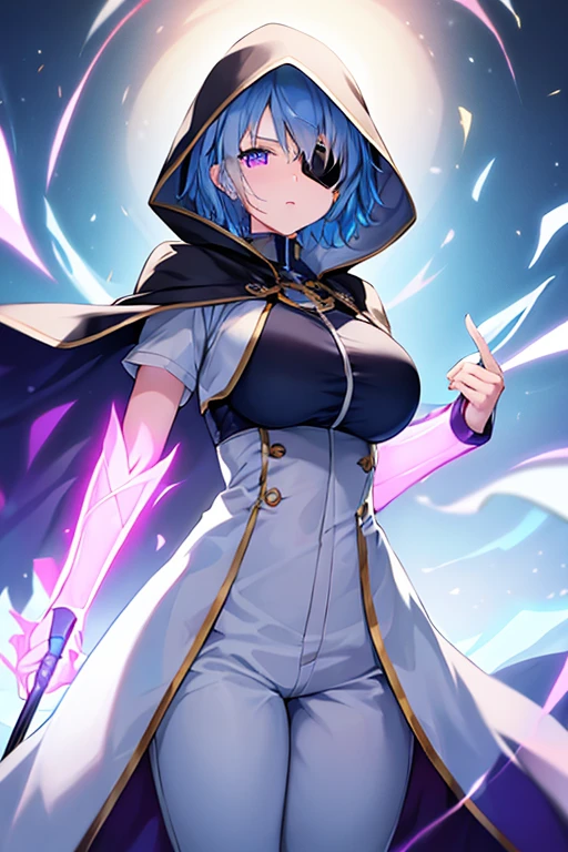 1girl, large breasts, light blue hair, purple eyes, one eye covered, eyepatch, ((eyepatch)), short hair, glowing eyes, angry, mad, cloak, white cloak, white hood, white cape, cape, belt, white pants, white clothes, hood up, pants, ((pants))