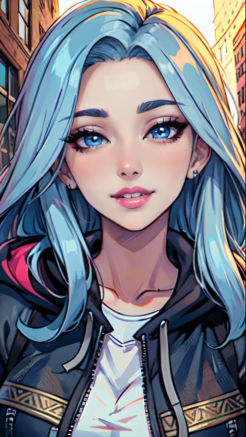 Masterpiece, raw, beautiful art, professional artist, 8k, art style by sciamano240, very detailed face, very detailed hair, 1girl, 25 years old, perfectly drawn body, beautiful face, long hair, light blue hair , very detailed blue eyes, pouty lips , rosey cheeks, intricate details in eyes, playful smile, looking directly at viewer , in love with viewer expression, wedding ring , lipstick, fall downtown setting, very close up on face, wearing trendy fall clothes, jacket, hoodie,
