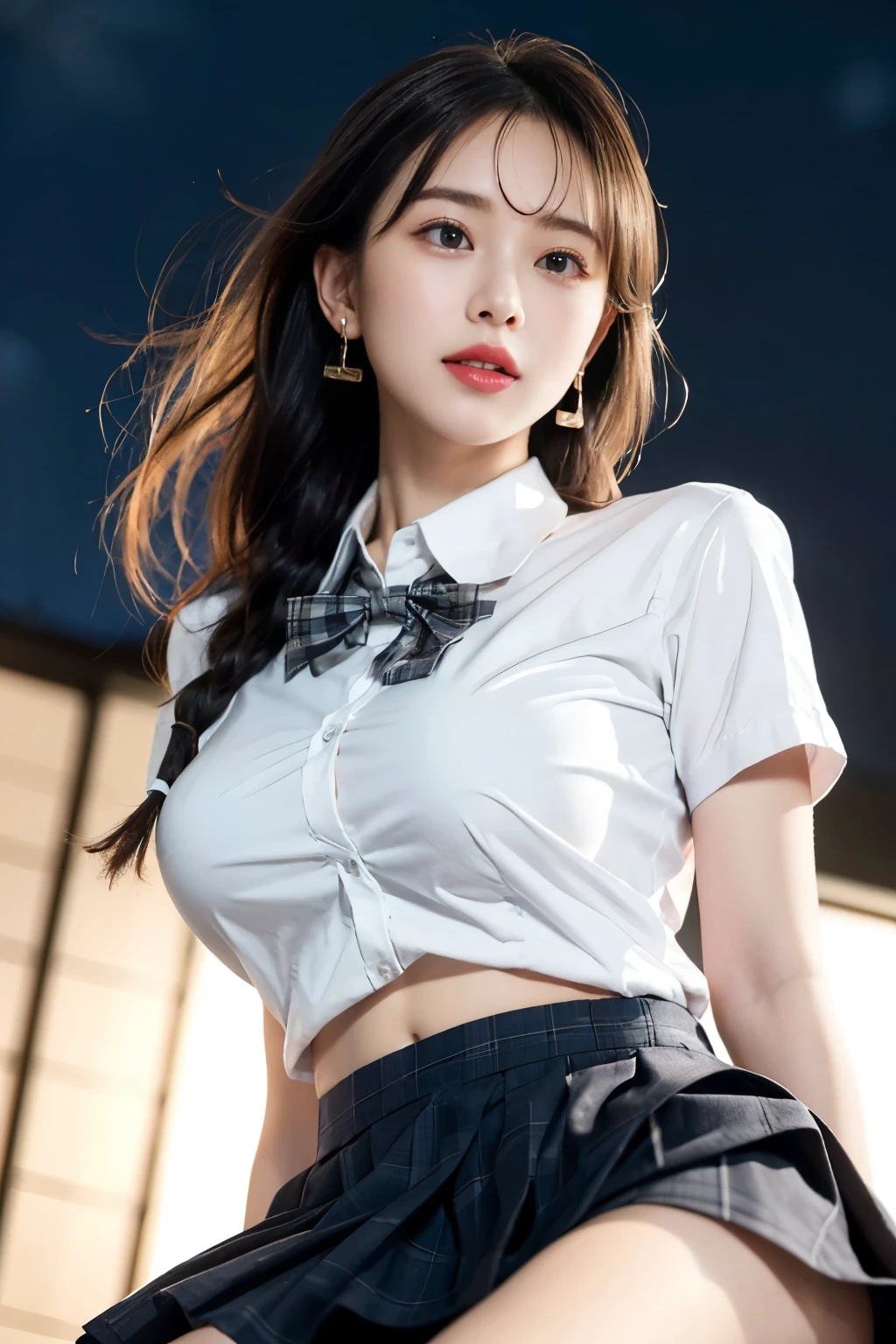 best image quality, RAW photo, ultra high resolution, (shot from below:1.5), gentle smile, golden ratio face、(tits:1.4), ribbon, school uniform, collared shirt, school uniform shirt, (Navel exposed:1.2)、(Plaid super mini skirt:1.2),emphasizing thighs、Facial expressions waiting for a kiss、Fair skin, glossy white skin, wavy long hair、braided hair, bright silver hair, light gray hair, neatly trimmed bangs, beautiful eyes, beautiful eyes of random colors, very thin lips, beautiful eyes with details, elongated eyes, pale pink cheeks, long eyelashes, beautiful double eyelids, eye shadow, earrings, beautiful and detailed sky,Detailed Tokyo cityscape,night, beautiful and detailed eyes,(collared shirt:1.1), bow tie,pleated skirt,(wavy hair、Braided hair:1.2),floating hair、night景が綺麗な屋上、(seductive pose:1.2)