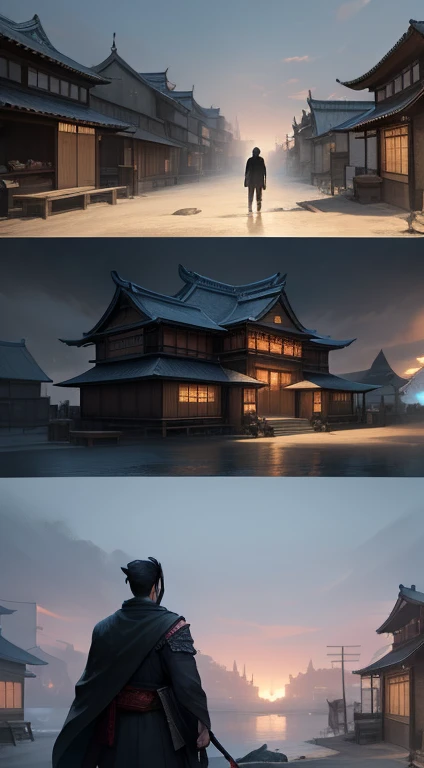 anime - style scene of a street with a man in a cloak, ghost of tsushima, traditional japanese concept art, dreamy chinese town, ancient chinese town, sekiro in bloodborne world, cyberpunk chinese temple, 4 k resolution concept art, chinese city, 4k concept art, 4 k concept art, feng zhu concept art, concept art stunning atmosphere