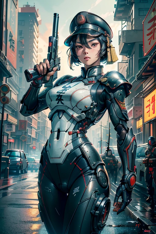 highly detailed CG unity 32K wallpaper, masterpiece, top quality, (raw photo, professional photo, dynamic:1.2), (science fiction:1.4), cyberpunk, cinematic lighting, ultra-high resolution, highest definition, authentic, depth of field, sharp focus, ((1937, China:1.3)), ((perfect body, correct anatomy:1.4)), (intricately detailed face, ultra-detailed skin texture:1.3), (from front:1.5), 1 girl, Chinese woman, about 20 years old, ((solo:1.1)), (female soldier of Kuomintang:1.5), (cowboy shot:1.1), looking at viewer, ultra-realistic skin, black hair, short hair, (garrison cap:1.4), (dark and bright eyes:1.4), highly detailed eyes, (tall nose:1.3), ultra-realistic nose and lips, innocent face, expressive face, expressionless, ((combat uniform of Kuomintang Army:1.4)), slender, beautiful breast, (perfect body proportion, correct body proportion:1.5), ((powered suit, mechanized body armor:1.2)), ((holding a large blaster rifle, aiming at enemy position:1.5)), (((shooting the blaster rifle:1.2))), (((during a combat against Imperial Japanese Army:1.4))), (((noon, city, street, outdoor, battlefield, vandalized buildings:1.3)))