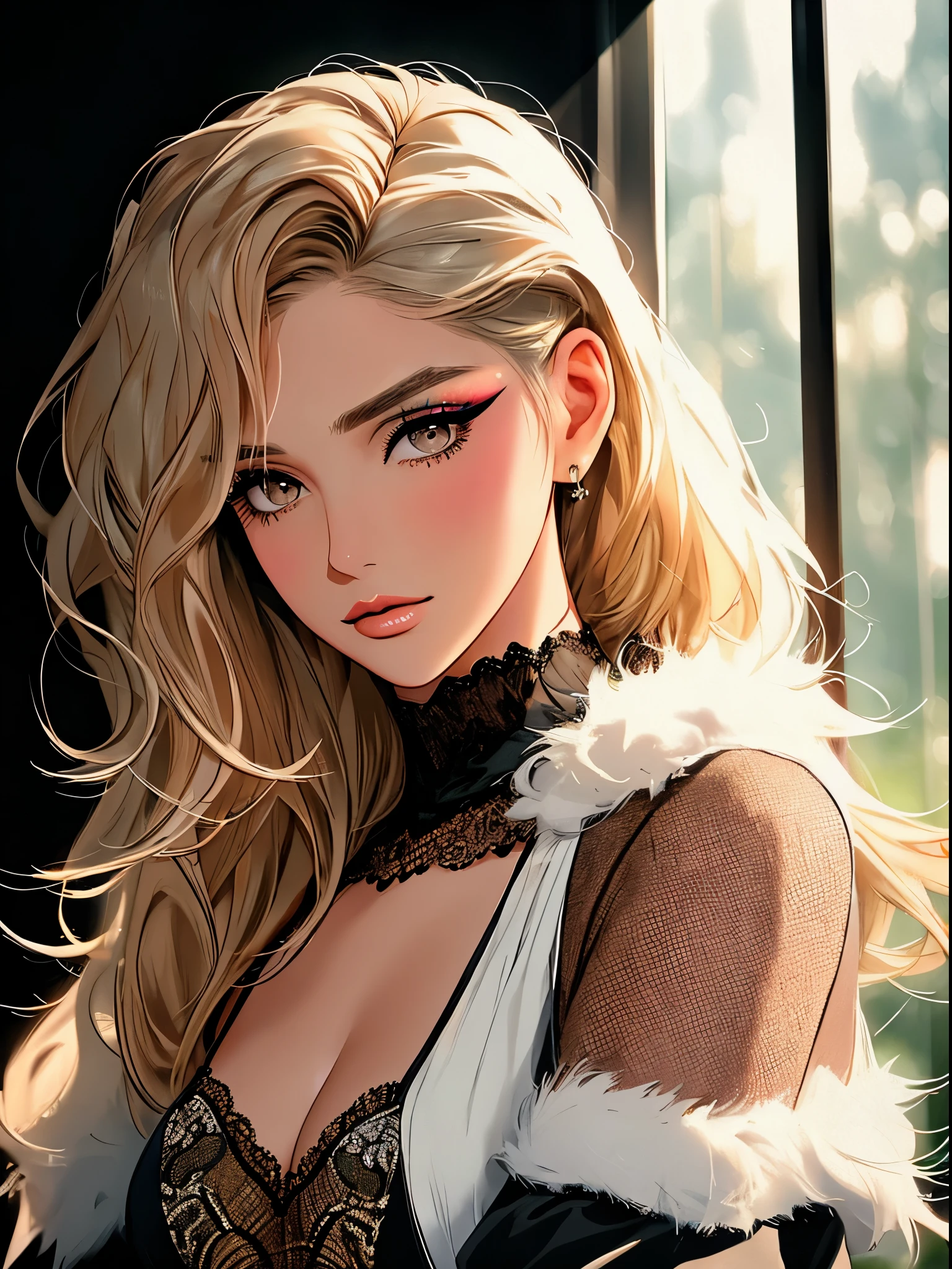 A portrait of a blonde, (makeup:1.4), amazing body, (fit body:1.2), lace outfit, highly detailed fur, natural skin texture, 4k textures, detailed belly, Highly detailed perfect smooth skin, Lightroom, Intricate, Ultra-Realistic, Out There, (HDR:1.3), UHD, (Intricate Detail, Hyper-Detailed:1.1), Cinematic, Photoreal, (Dark Shot:1.2), Dramatic, High Contrast, (Warm Color:1.1) , muted colors, master piece, elegant, sharp focus, nike sweatpants
