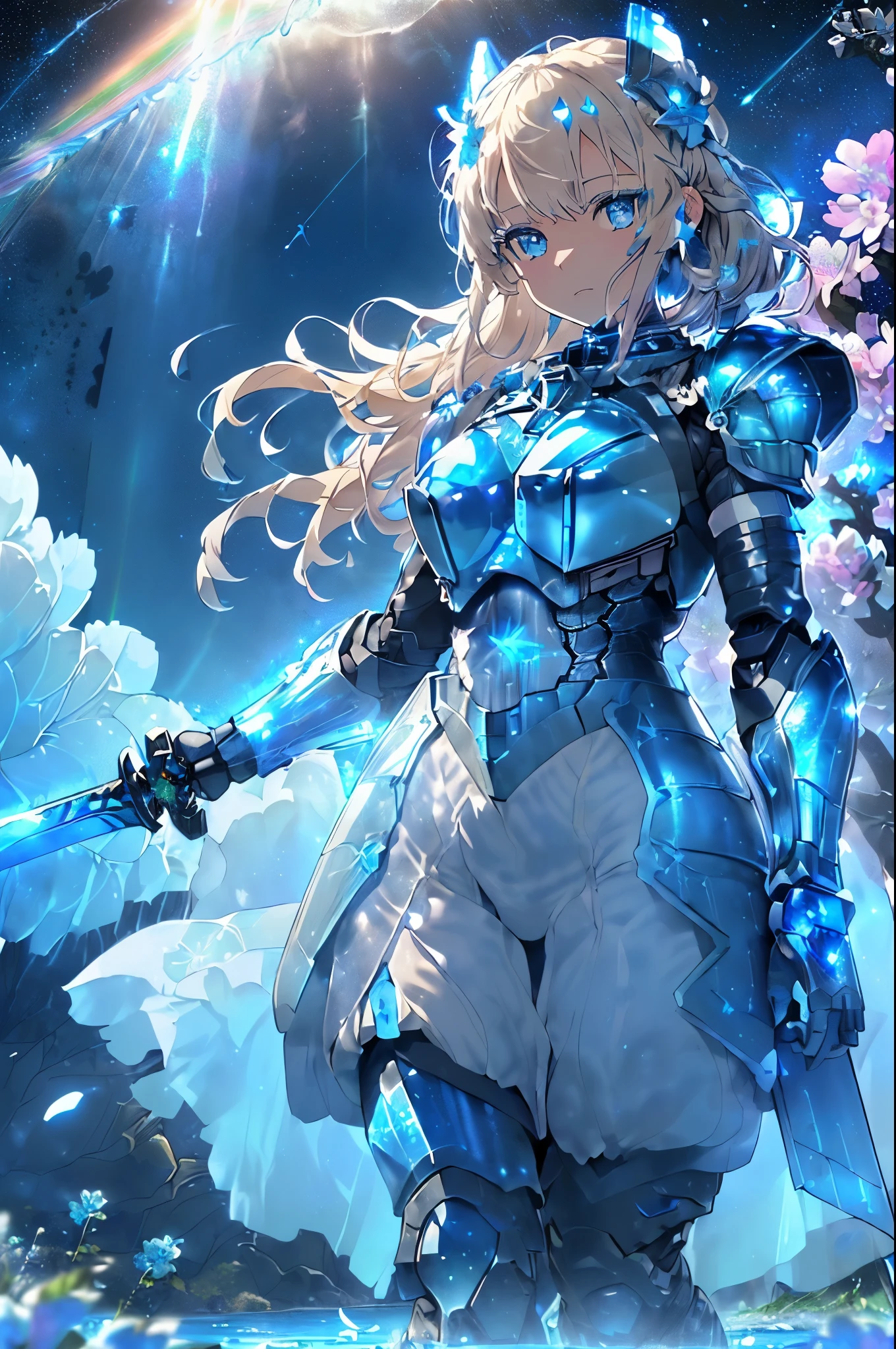 (Blue sky with lots of scaly clouds),(Armored suit that reflects light and shines in rainbow colors:1.3),(Gigant Arm:1.25),(A brace for storing rugged weapons in the legs.:1.25),(Composition that reflects the whole body:1.5),(Petals dancing like the wind blows up from below:1.4),(standing gracefully on the water&#39;s surface:1.3),(beautiful armored suit:1.35),(beautiful hair waving in the wind:1.3),(blonde:1.3),(Transparent clear blue eyes:1.4),(high resolution:1.5),(Stars, flowers, blue sky and space:1.4),(fantastic world:1.4),(Rugged armor like a mobile suit:1.4),(beautiful decorated sword:1.4),