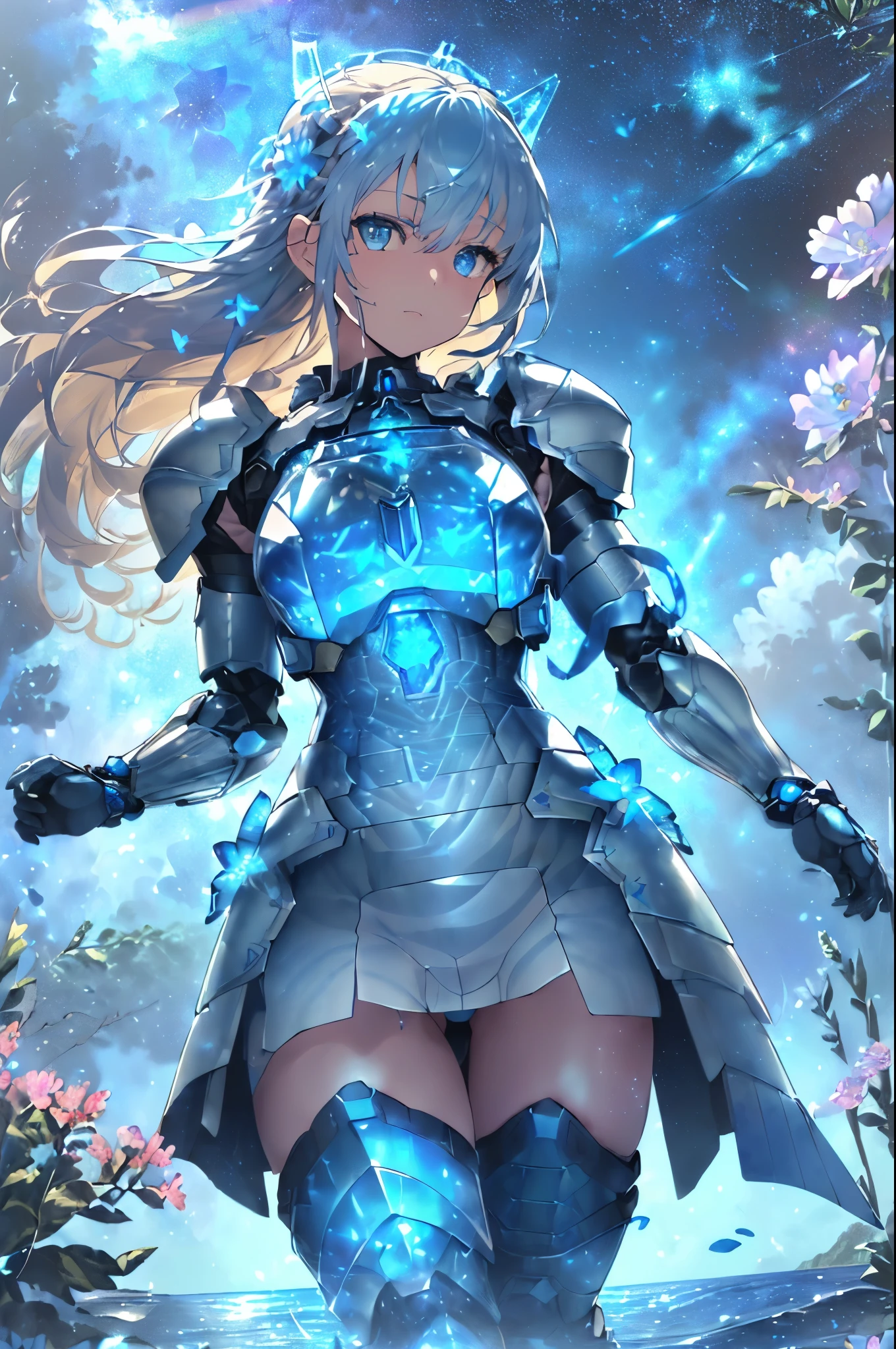 (Blue sky with lots of scaly clouds),(Armored suit that reflects light and shines in rainbow colors:1.3),(Gigant Arm:1.25),(A brace for storing rugged weapons in the legs.:1.25),(Composition that reflects the whole body:1.5),(Petals dancing like the wind blows up from below:1.4),(standing gracefully on the water&#39;s surface:1.3),(beautiful armored suit:1.35),(beautiful hair waving in the wind:1.3),(blonde:1.3),(Transparent clear blue eyes:1.4),(high resolution:1.5),(Stars, flowers, blue sky and space:1.4),(fantastic world:1.4),(Rugged armor like a mobile suit:1.4),(beautiful decorated sword:1.4),