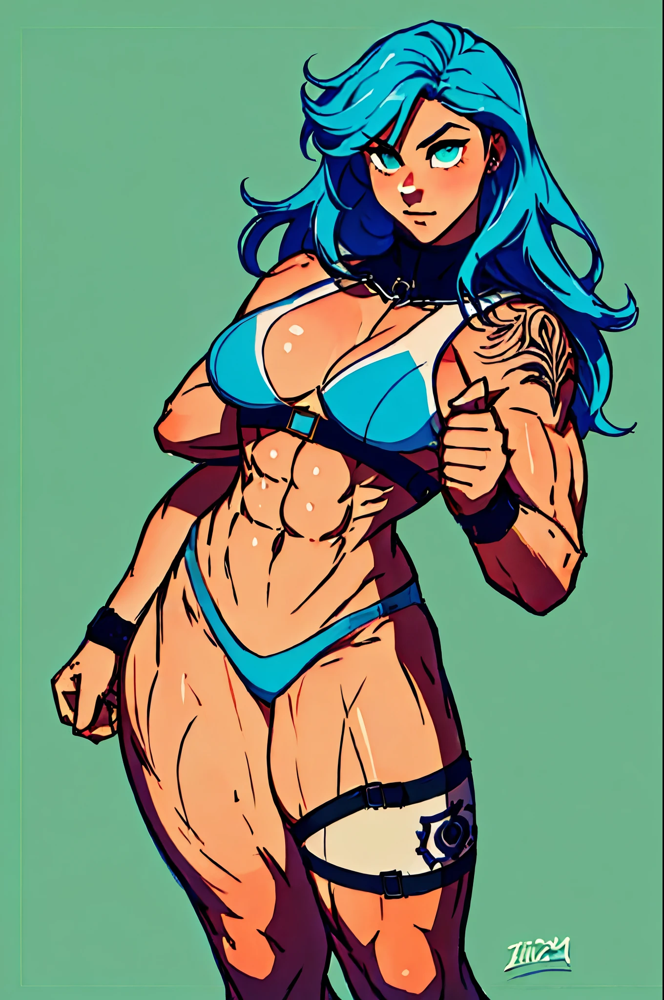 ((master piece)), absurdres, intricate details, 1girl, solo, abs, full body, police uniform, simple background, cyan hair, long hair, muscular arms, muscular legs, muscular thighs (medium breasts)
