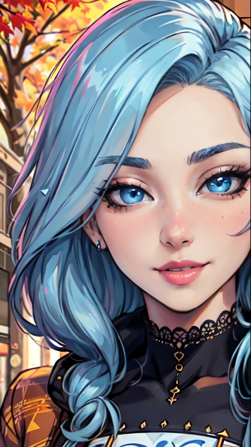 Masterpiece, raw,  beautiful art, professional artist, 8k, art style by sciamano240, very detailed face, very detailed hair, 1girl, 25 years old, perfectly drawn body, beautiful face, long hair, light blue hair , very detailed blue eyes, pouty lips , rosey cheeks, intricate details in eyes, playful smile, looking directly at viewer , in love with viewer expression, wedding ring , lipstick, fall downtown setting, very close up on face, wearing trendy fall clothes, jacket, hoodie,