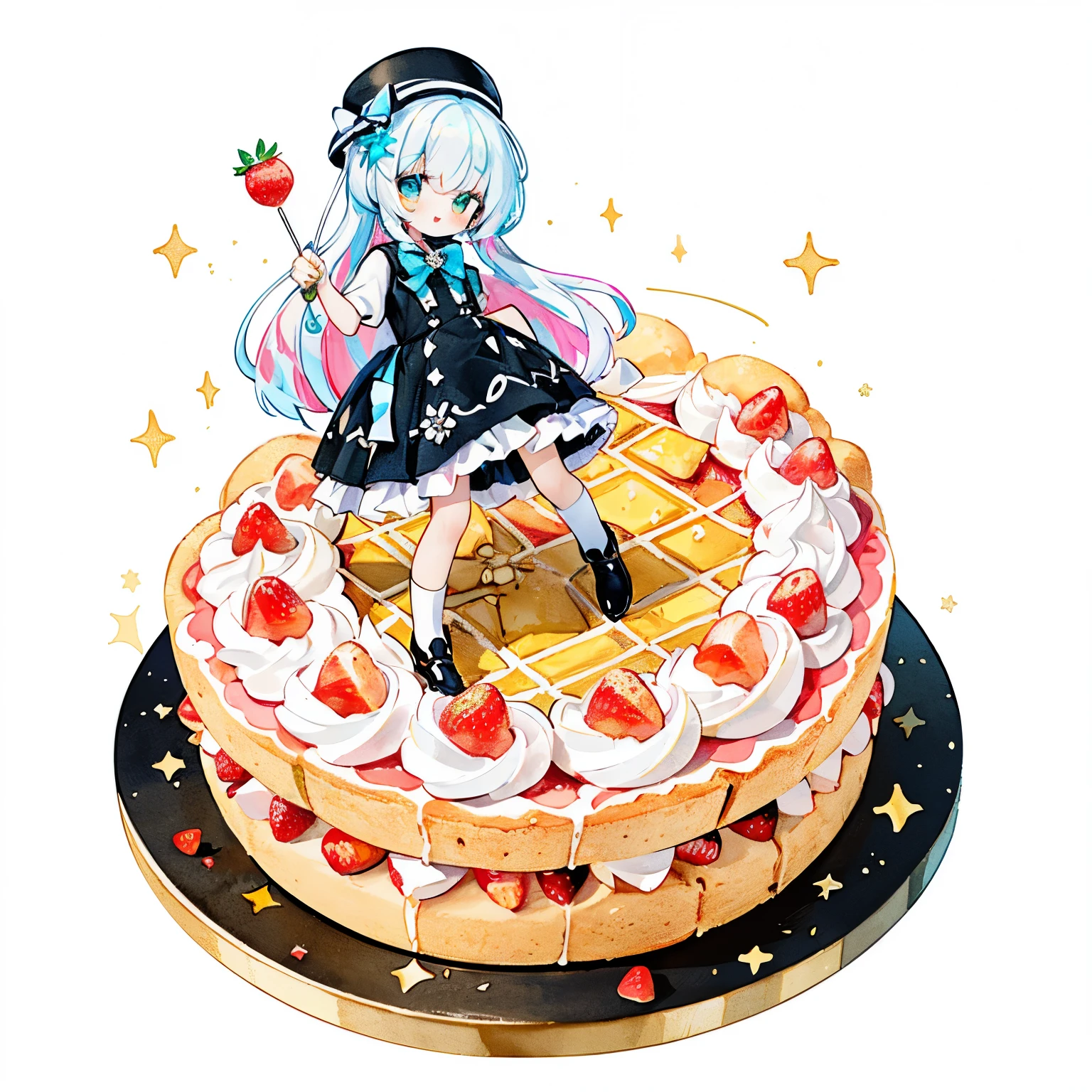 (PastelColors:1.3)、(Cute illustration:1.3)、tibi:1.3,ホールケーキの上、ケーキを掲げる、absurderes, hight resolution, Accurate and matchless cake、Decoration cake、some shortcake、What is fresh cream??🍓、Afternoon tea in the background、 red hairs;1.3、 1 (Lori:0.8) Girl Wearing (Strawberry Cake Dress:1.2), (Lots of cakes in the background:1.25), Caramel Plump Parfait / Tray, (White and red dress:1.2), (Big:1.1) (Stovepipe Hat:1.15), Top hat、 (Multicolored:1.25) hair, (Smile, Happy:1.2),Tidy poses,Girl with a fork break (Solo:1.1), (Cute illustration:0.5),(fuwafuwa illustration:0.8), Standing Detailed background、1girl in、Smile with open mouth、Beautifully detailed、Moya
Detailed background、1girl in、Charming smile、Beautifully detailed、Moya、colourfull、marble、Particles of light、patterns、
Detailed drawing、Vibrant colors、striking contrast、intricate detailes、Delicate depiction、Luminescent、
Beautiful facial features、Brightly colored eyes、Wearing intricate and delicate ornaments、glowing aura、Radiant hair,1girl in, rounded eyes, big anime eyes, Pupils in a solid circle, , a pixie cut, Smile, Small breasts, (kawaii, White background, floating, blueberry, Strawberries, fruits, a cake, jam jar, muffin, lollipop, apple pie, Sweets Explosion:1.3), Gothic Lolita Dress, Mini skirt, Garter belt with stockings, Platform footwear, Hair Ornament,1女の子、(PastelColors:1.3)、(Cute illustration:1.3)、(watercolor paiting:1.1)、white backgrounid、jumpping、levitation、A smile、Color Halftone Patterns,Color Halftone effect、黒ストッキング、Aster Harmony Garden Sprite,Pink longhair、Golden Eyes、magician、Sorcerer、black and light blue ruffle dress、Color Halftone Color Halftone effect Halftone Pattern Color Halftone Patternsthrough a bow tie、White checkered top hat with white long glow black and pocket watch decoration、Star Wand、Green tie track boots with stripes on the back、one white winged、 Moist makeup with pastel eyeshadow,Color 、 Add glitter and petal accents to the cheeks、