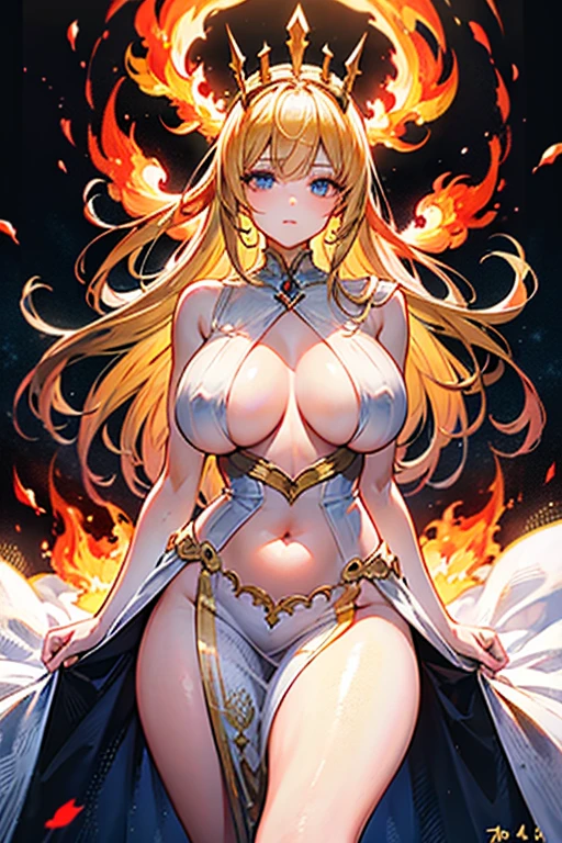 young woman, perfect body, shinny blueeyes, perfect ?????, perfect thighs, fire crown, long golden blonde curvy hair, transparent long white dress, lingerie, exposed belly, exposed thighs, red and gold mixture cloths, highly detailed enchanted cloths, standing and starring, head to mid thigh:4.5 photo, eye level camera angle, dark lighting, fire radiation, flames background, detailed background, fantasy art, hyper realistic,
