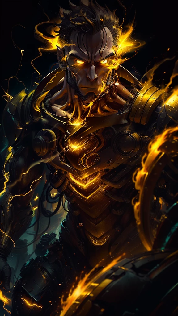 Man with mechanical face with serious yellow eyes and golden jaw on his chin and mechanical body giant mechanical muscles and mechanical chest and cyan pants and yellow flip-flops doing combat pose and lightning scales on the mechanical body and lots of red smoke coming out and very bright yellow energy illuminating the entire surrounding environment