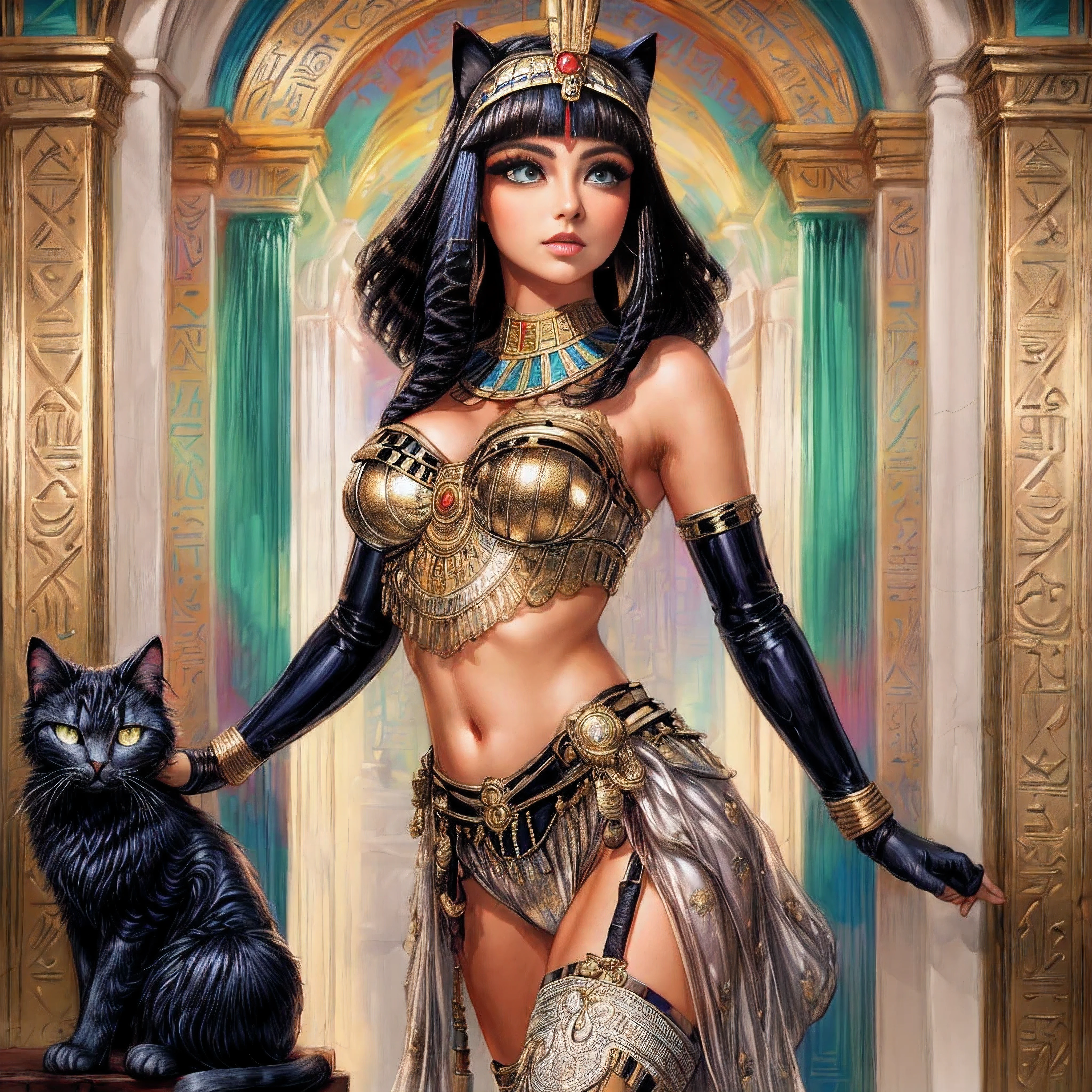 mujer arafed disfrazada con un gato y una ventana, apuesta, diosa gata egipcia, hermosa cleopatra, egipcio princess, Cleopatra, Cleopatra en su palacio, Retrato de Cleopatra, egipcio, Zenescope, por Wayne Inglaterra, Reina persa, inspirado en Vladimir Tretchikoff, inspirado por Mark Brooks, tormenta dios egipcio, egipcio god, "reina egipcia", foil and opal more details, flequillo recto, Cuerpo tonificado, cabello brillante, Cleopatra, magical, Retrato de cabeza y hombros, ojos de gato intrincadamente detallados, fantasy art, Poster of an anthropomorphic catwoman pin-up with tanned skin, Rasgos egipcios y cabello negro vestida como una musa del arte griego.