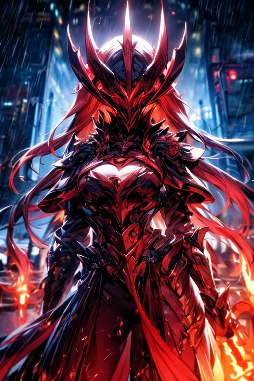 Perfect masterpiece, (Masterpiece:1.2), Best quality, high resolution, Beautiful detailed, Extremely detailed, Perfect lighting, high quality, high resolution, highest image quality, 8k hd. 
1guy. 
blood red and blue hair, Faceless, yellow eyes, glowing eyes, demon horns, long horns. 
Elegant. 
blood red and black uniform, battle armor, heavy metal, Energy lines, masks.
Night, flames on the background, dark clouds, thunderstorm, heavy rain. 
Dramatic lighting.
Highly detailed background.
