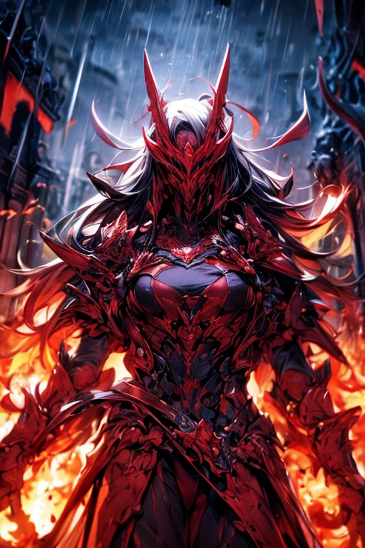 Perfect masterpiece, (Masterpiece:1.2), Best quality, high resolution, Beautiful detailed, Extremely detailed, Perfect lighting, high quality, high resolution, highest image quality, 8k hd. 
1guy. 
blood red and blue hair, Faceless, yellow eyes, glowing eyes, demon horns, long horns. 
Elegant. 
blood red and black uniform, battle armor, heavy metal, Energy lines, masks.
Night, flames on the background, dark clouds, thunderstorm, heavy rain. 
Dramatic lighting.
Highly detailed background.
