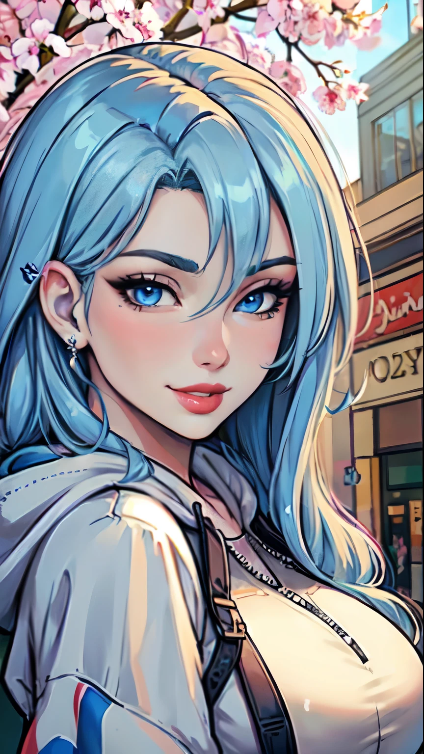 Masterpiece, raw, beautiful art, professional artist, 8k, art style by sciamano240, very detailed face, very detailed hair, 1girl, 25 years old, perfectly drawn body, beautiful face, long hair, light blue hair , very detailed blue eyes, pouty lips , rosey cheeks, intricate details in eyes, playful smile, looking directly at viewer , in love with viewer expression, wedding ring , lipstick, spring downtown setting, very close up on face, wearing trendy spring clothes, jacket, hoodie,