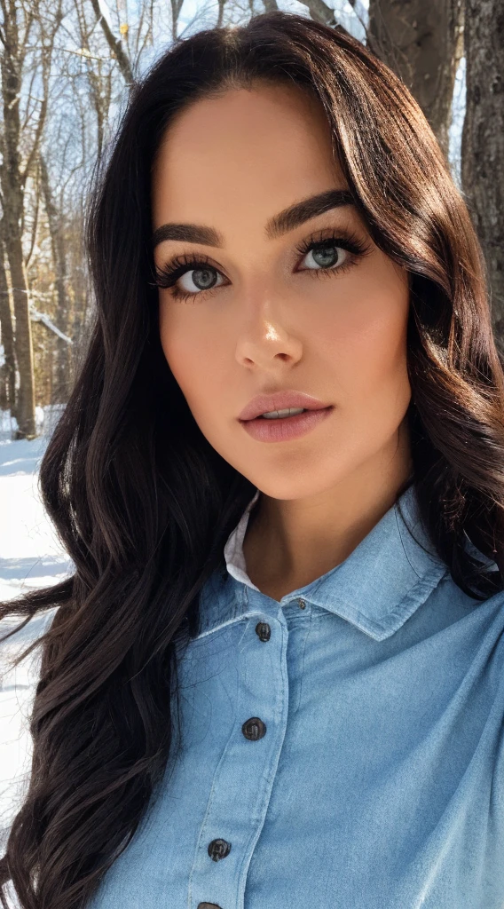 (best quality,photorealistic:1.38) Ivy Archer, with her long curly hair and intense black, pale skin, stands out as a gorgeous 28-year-old girl. Her eyes are a captivating shade of green and her lips are plump and perfectly shaped, on the snow, in a sexy position, she emanates an air of confidence and allure. The image should be photorealistic, capturing every detail with precision. The lighting should accentuate her features, creating a stunning visual impact, selfie